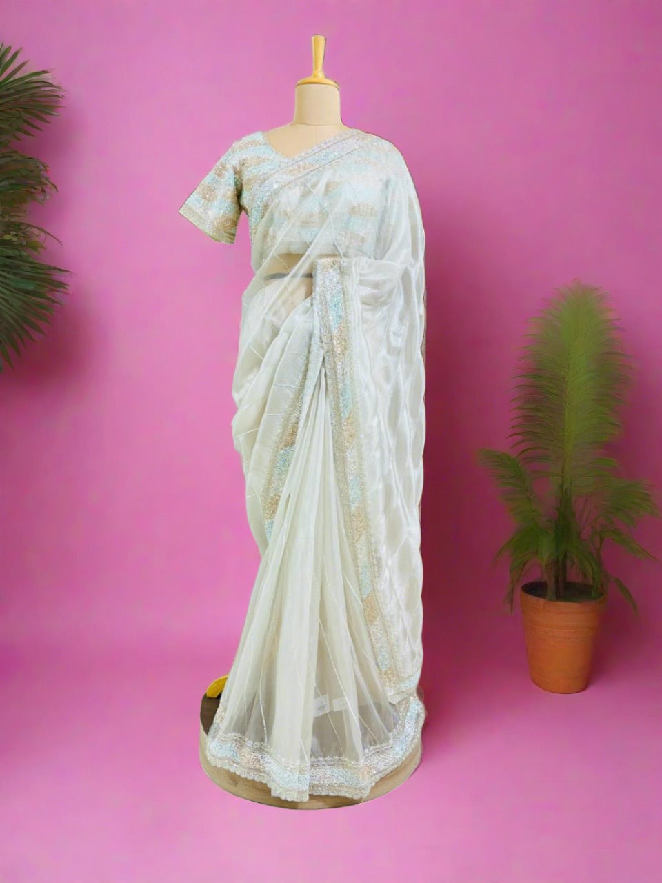 Off White Saree With Designer Readymade Blouse
