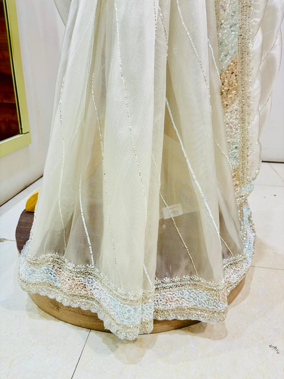 Off White Saree With Designer Readymade Blouse
