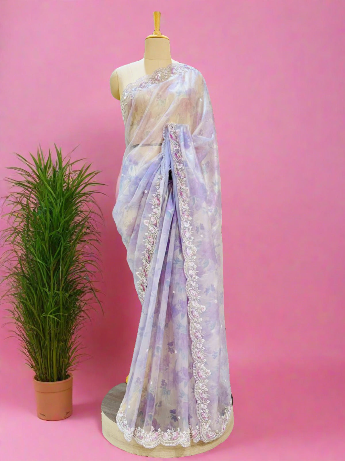 Light Purple Digital Printed Tissue Designer Saree