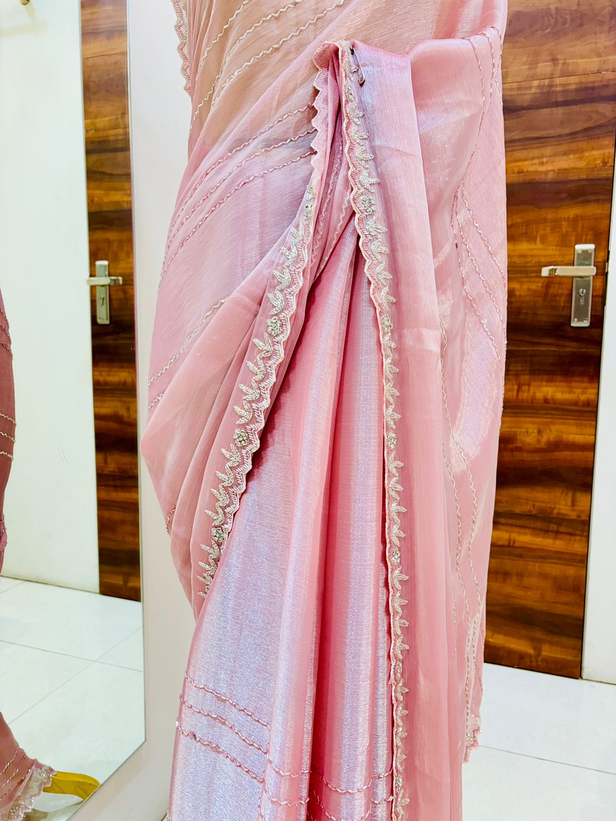 Light Pink Tissue Organza Designer Saree
