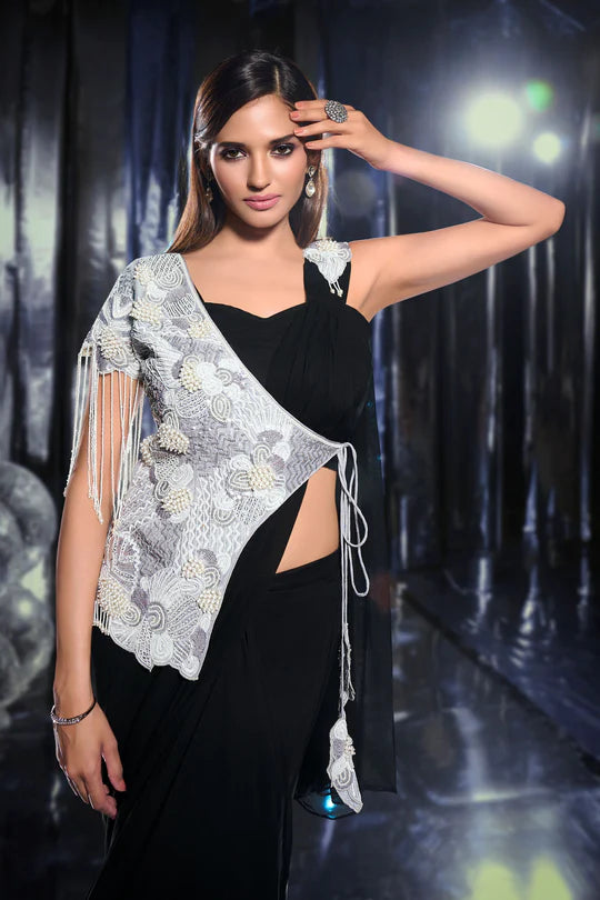 Black Draped Saree with Embellished Cape with Readymade Blouse