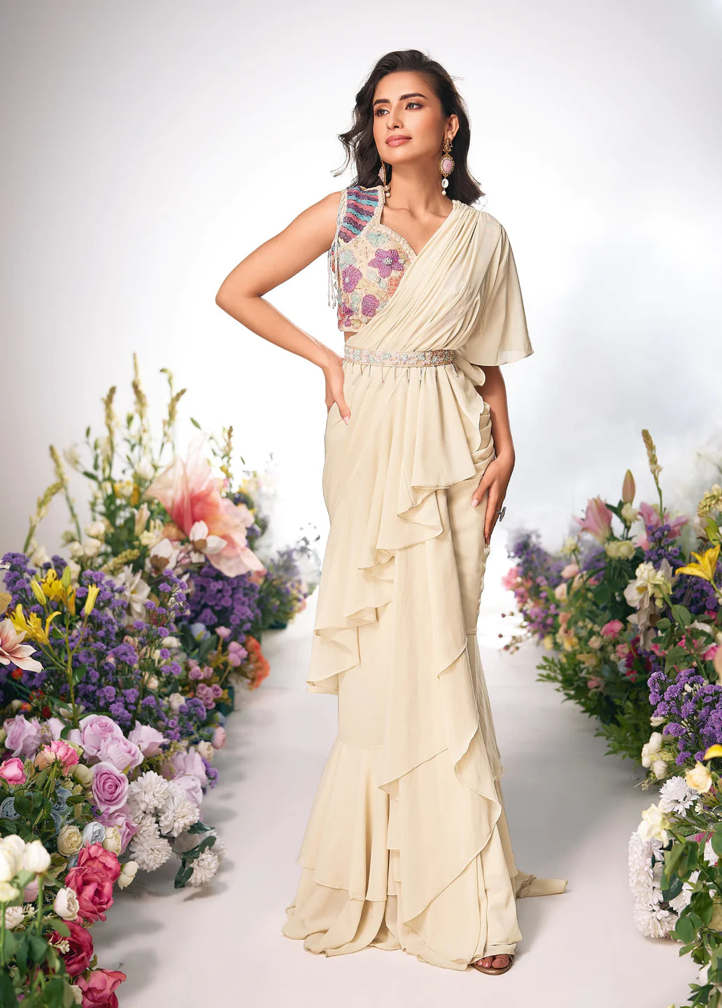 Champagne Floral Embroidered Swiss Georgette Silk Drape Saree with Readymade Blouse
