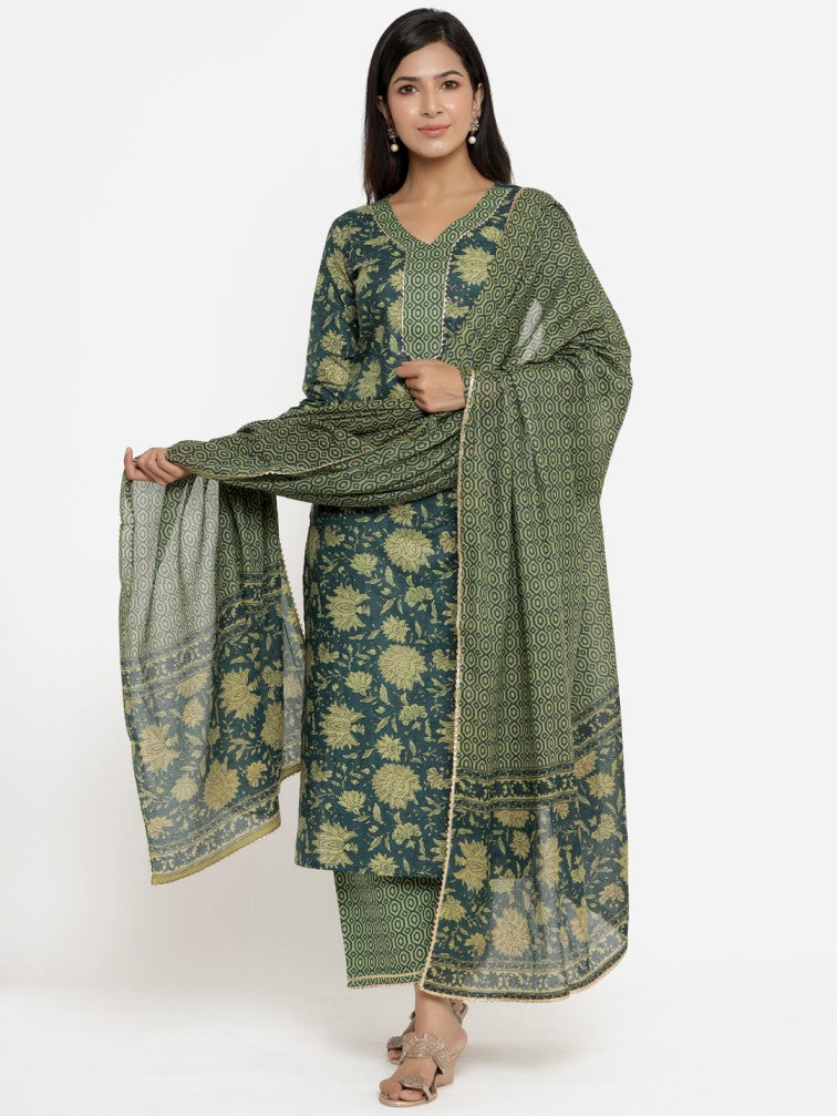 Green Floral Printed Regular Pure Cotton Kurta With Trousers & Dupatta - Daabu Jaipur