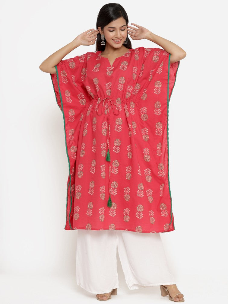 Red Floral Printed Extended Sleeves Kaftan Kurta - Daabu Jaipur