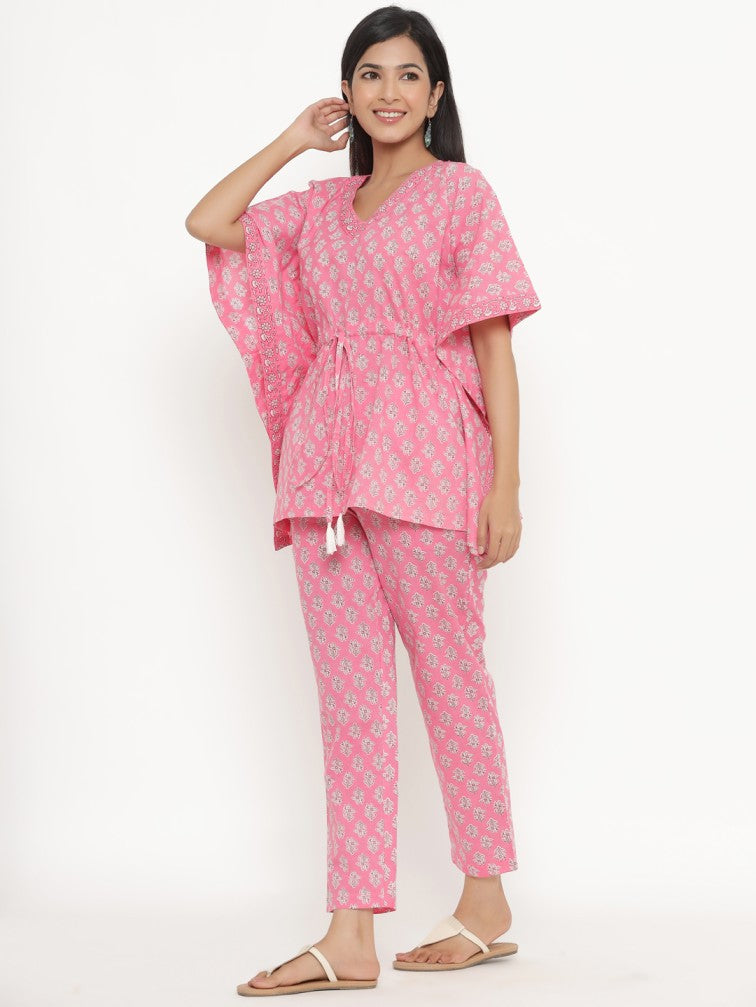Pink Printed Kaftan Night suit - Daabu Jaipur