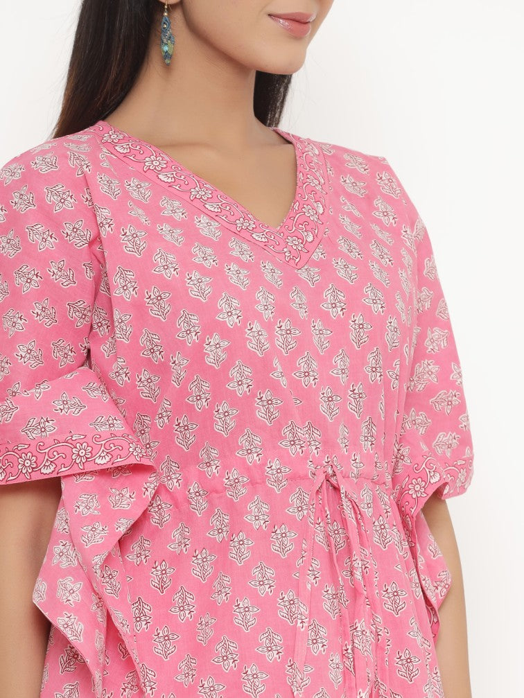 Pink Printed Kaftan Night suit - Daabu Jaipur