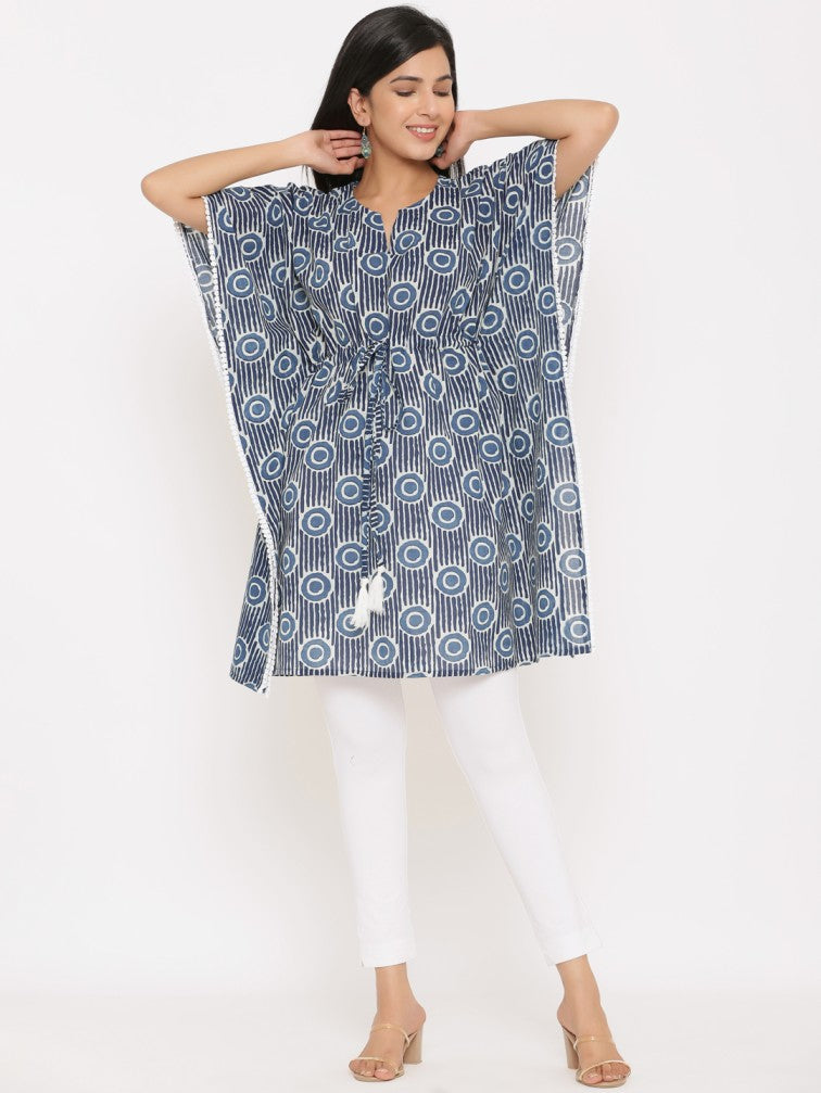 Blue & White Geometric Printed Extended Sleeves Pure Cotton Kaftan Kurti - Daabu Jaipur