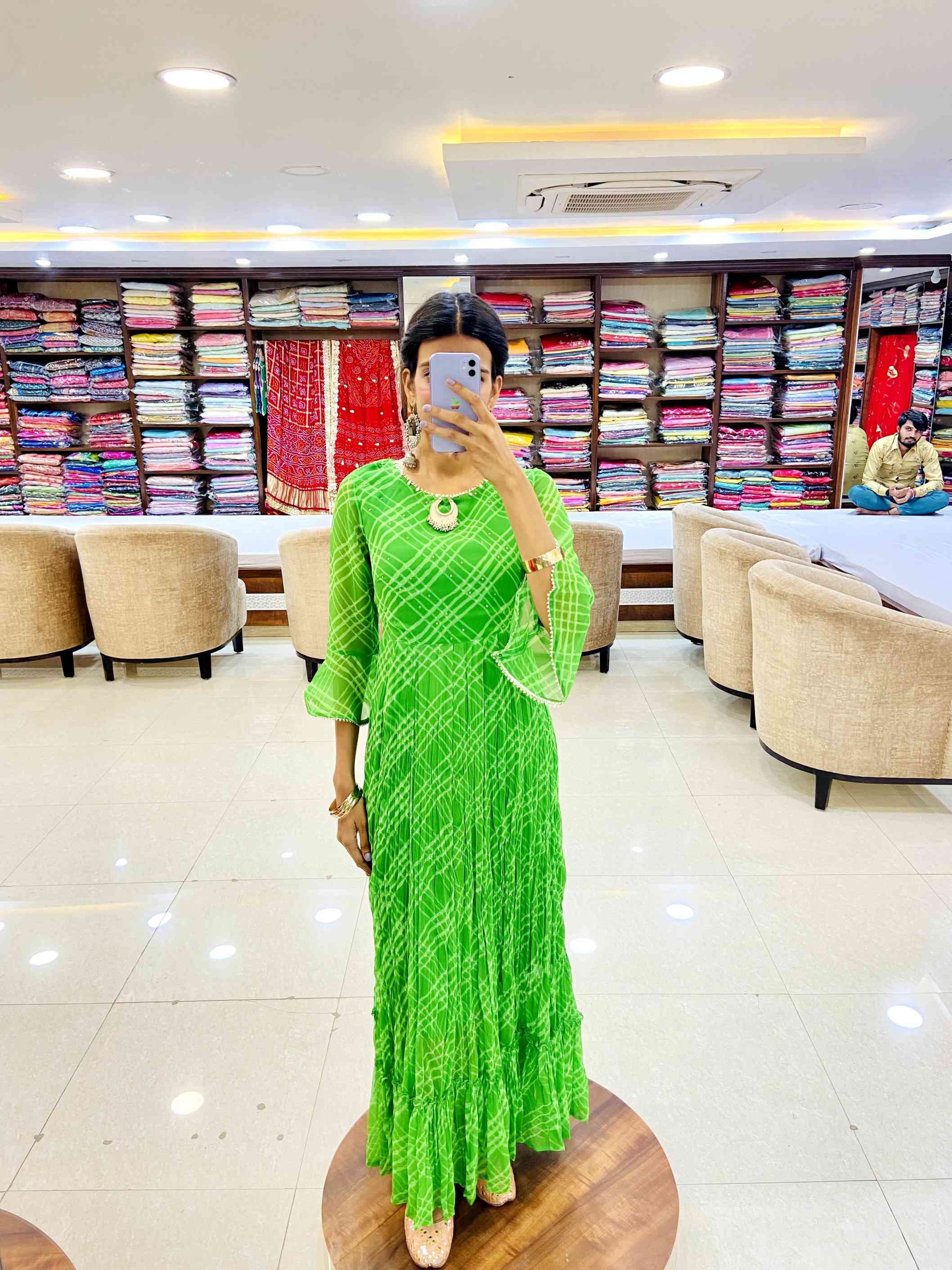 Green Georgette Printed Gown - Daabu Jaipur