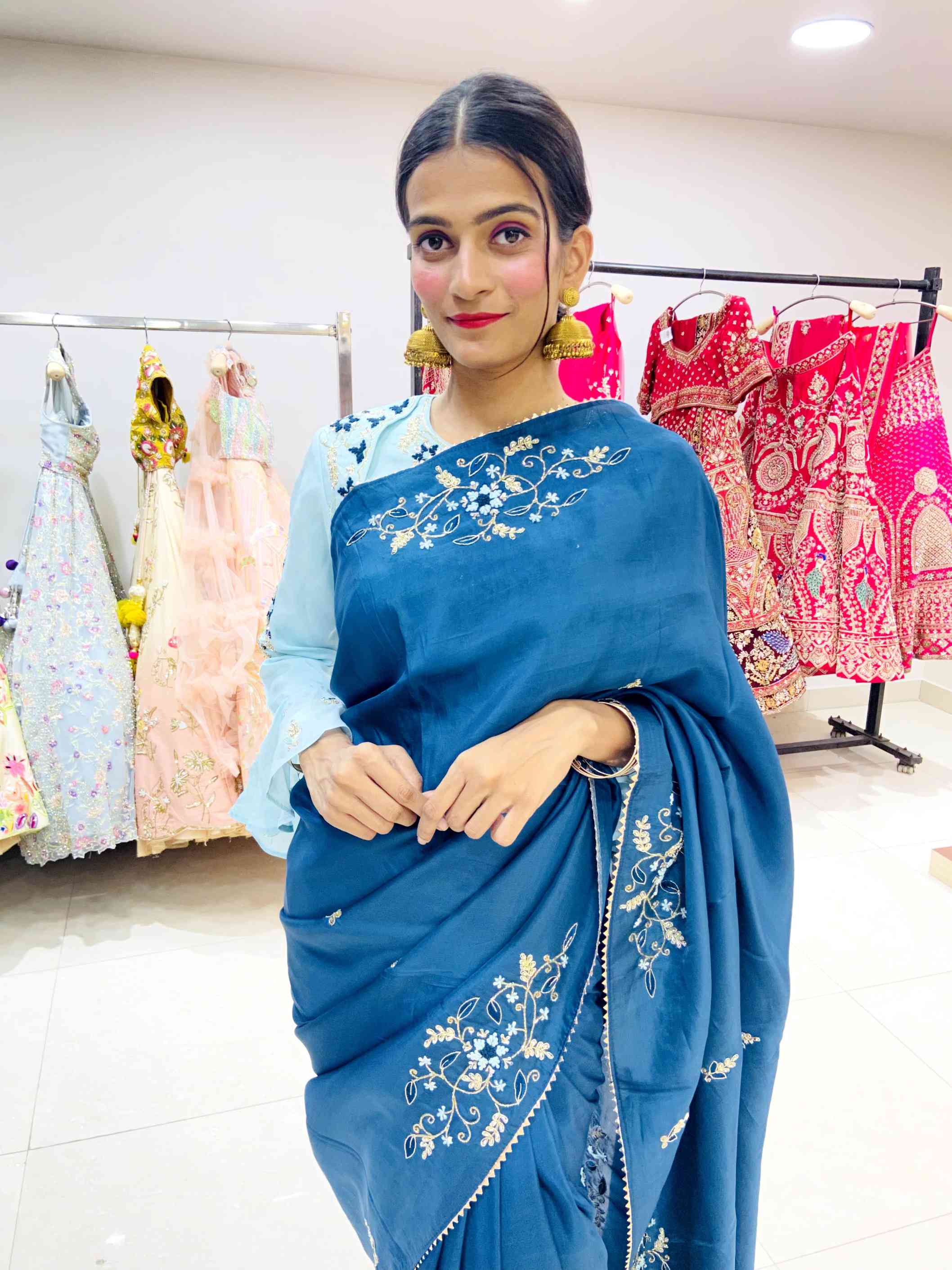 Royal Blue Pure Silk Saree - Daabu Jaipur