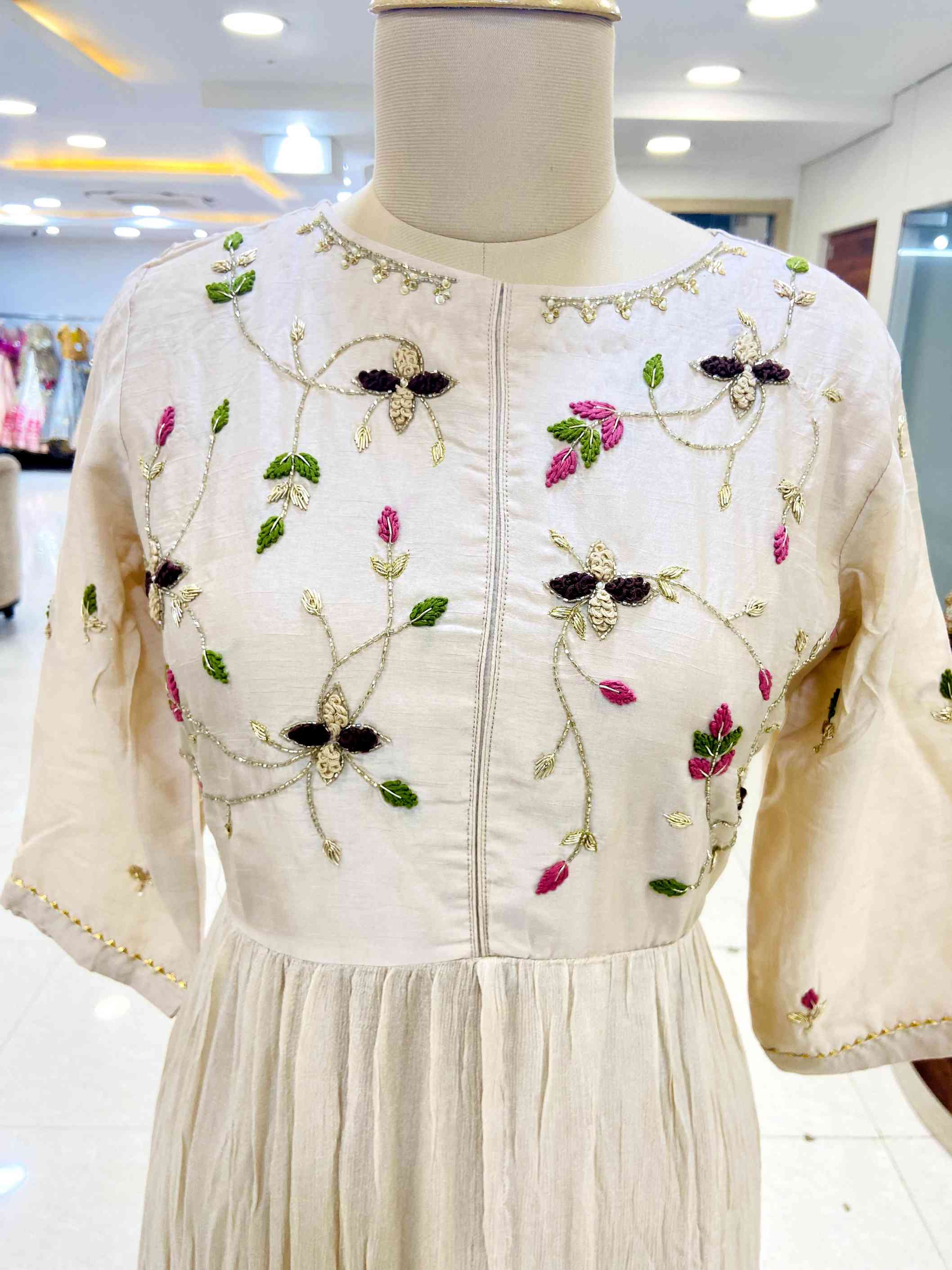 Beige Chinon Designer Gown - Daabu Jaipur