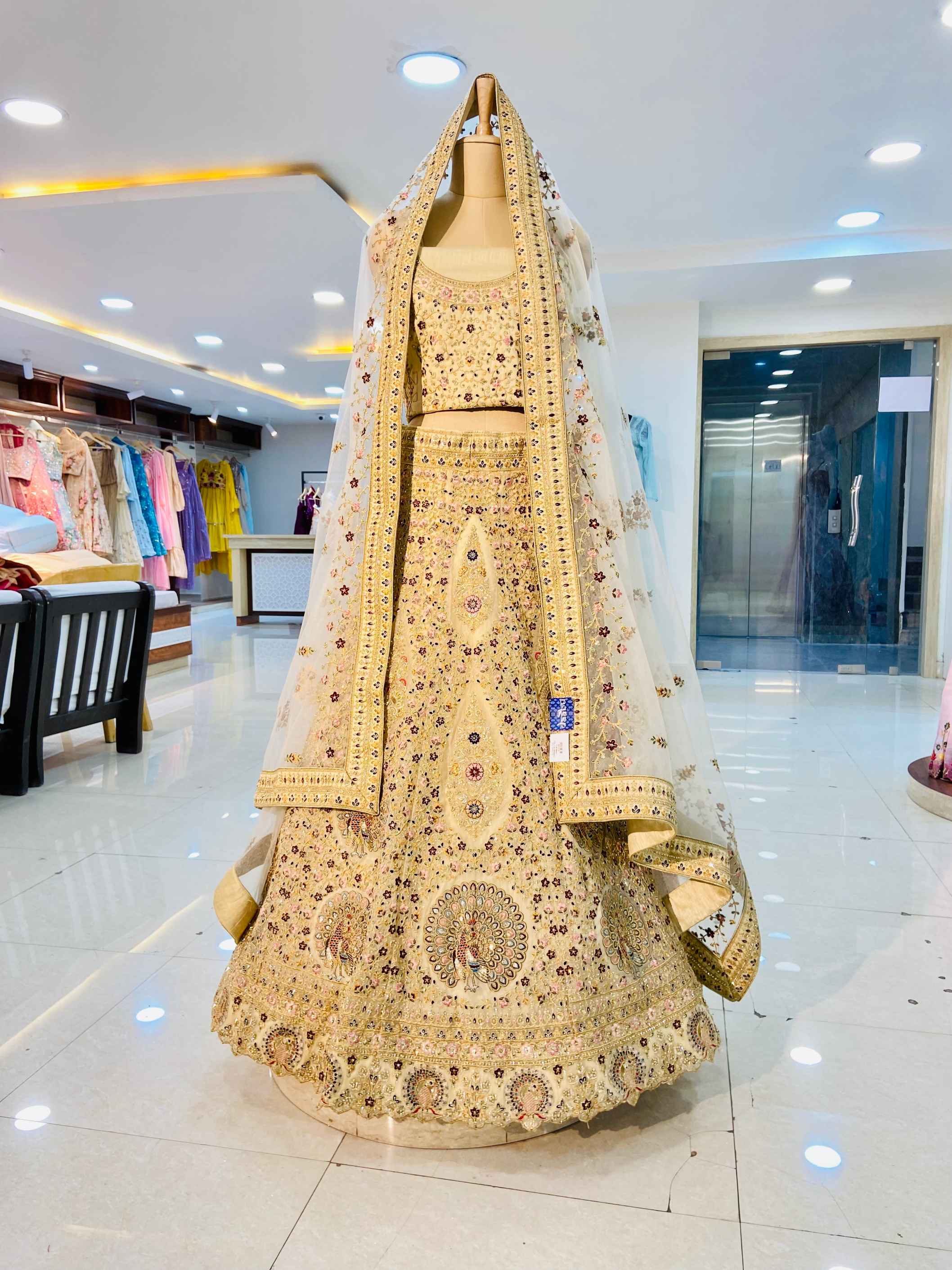 Beige Organza Heavy Designer Bridal Lehenga - Daabu Jaipur