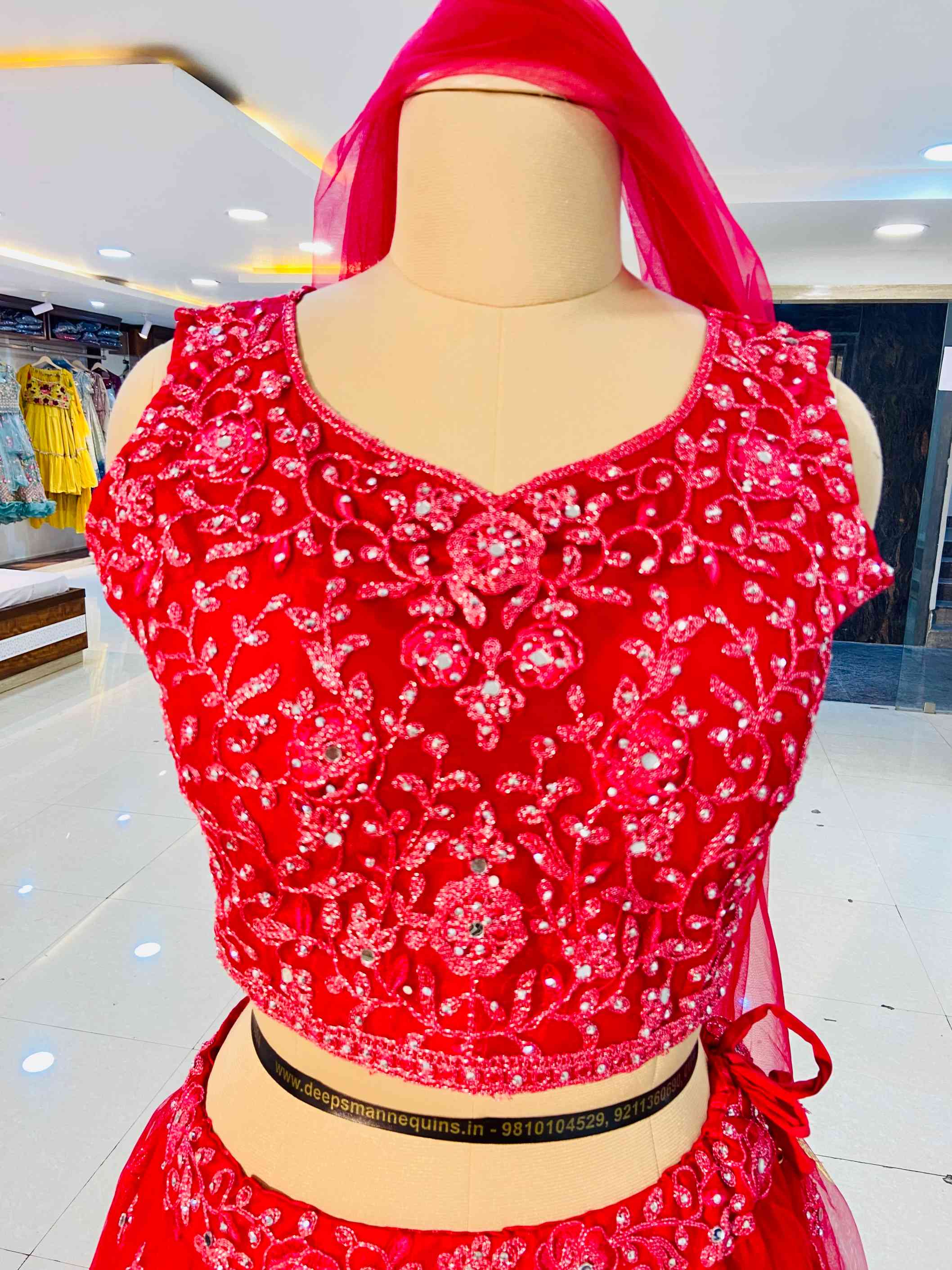 Red Net Designer Blouse With Skirt Set - Daabu Jaipur