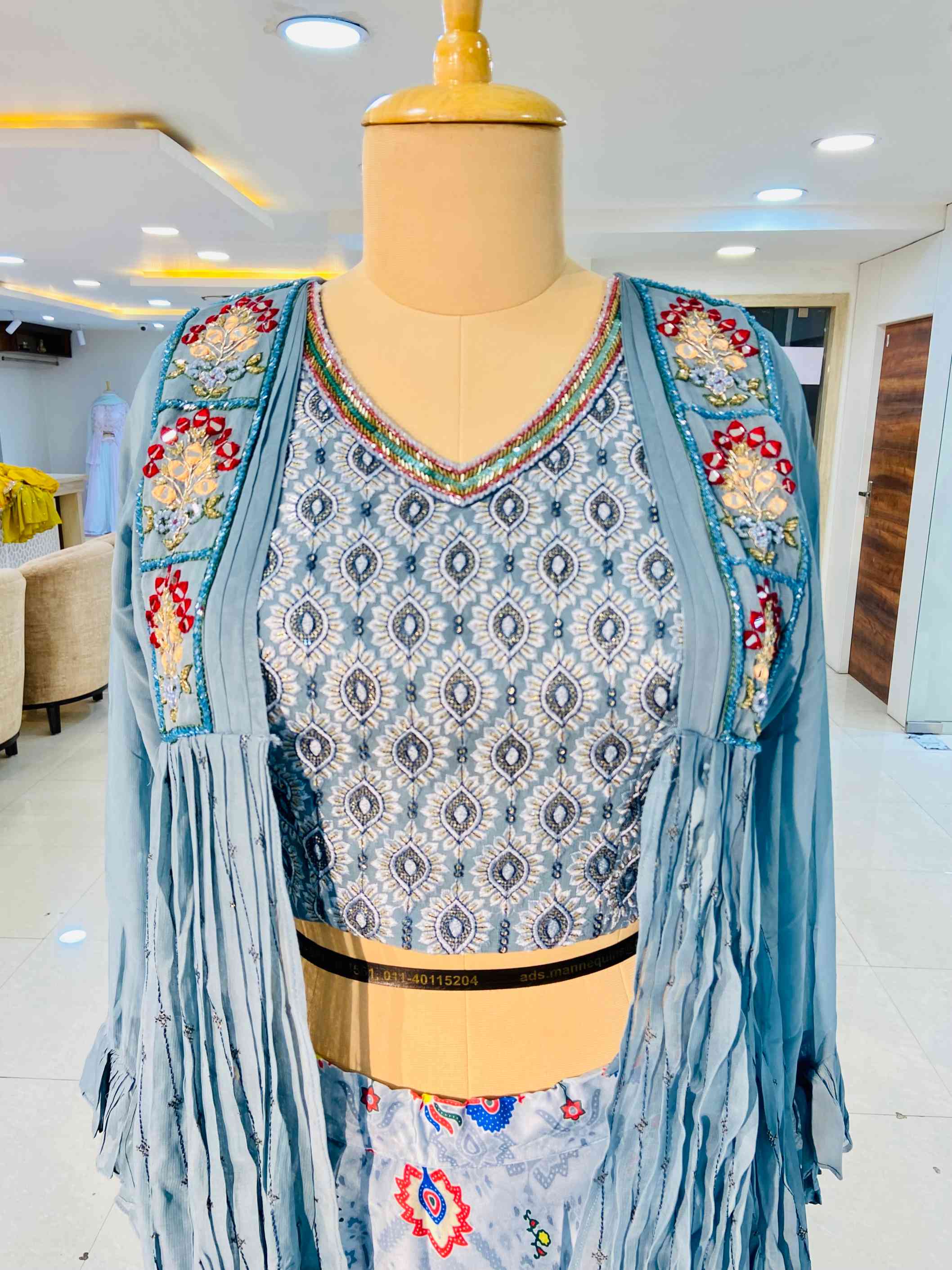 Teal Blue Skirt Set With Shrug - Daabu Jaipur