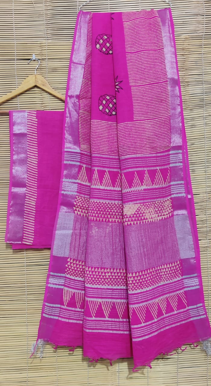 Pink Dabu Print Linen Saree - Daabu Jaipur