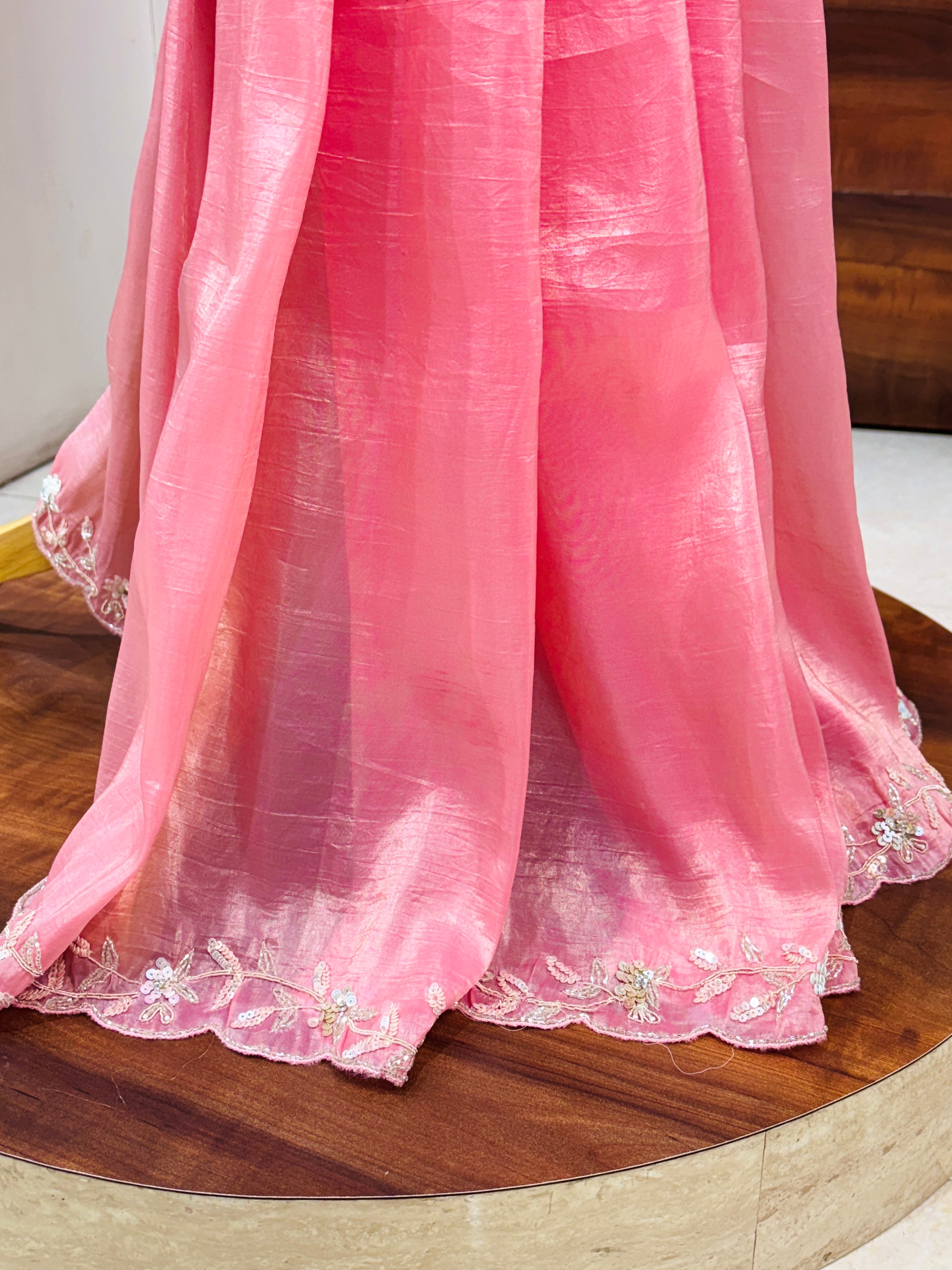 Light Pink Crepe Tissue Festive Saree