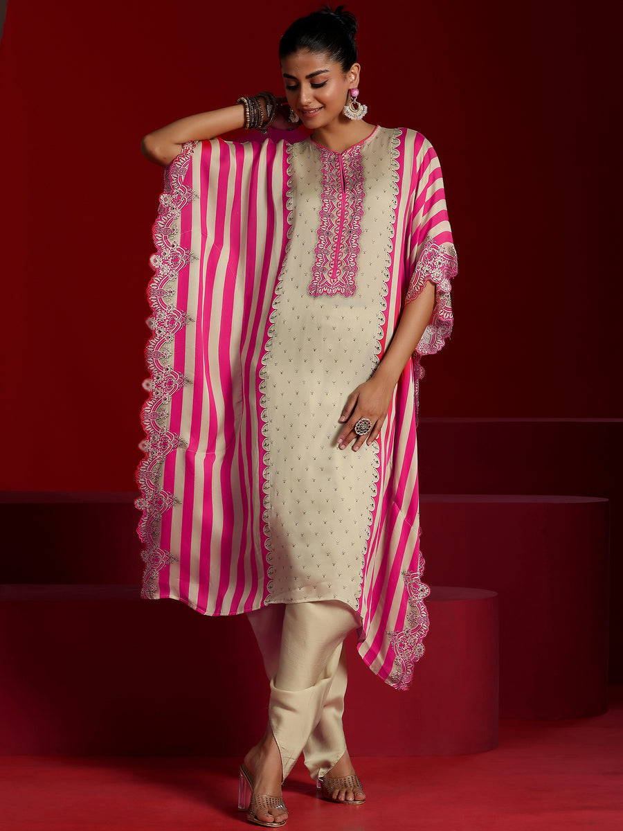 Light Pink & Beige Art Silk Kaftan Set