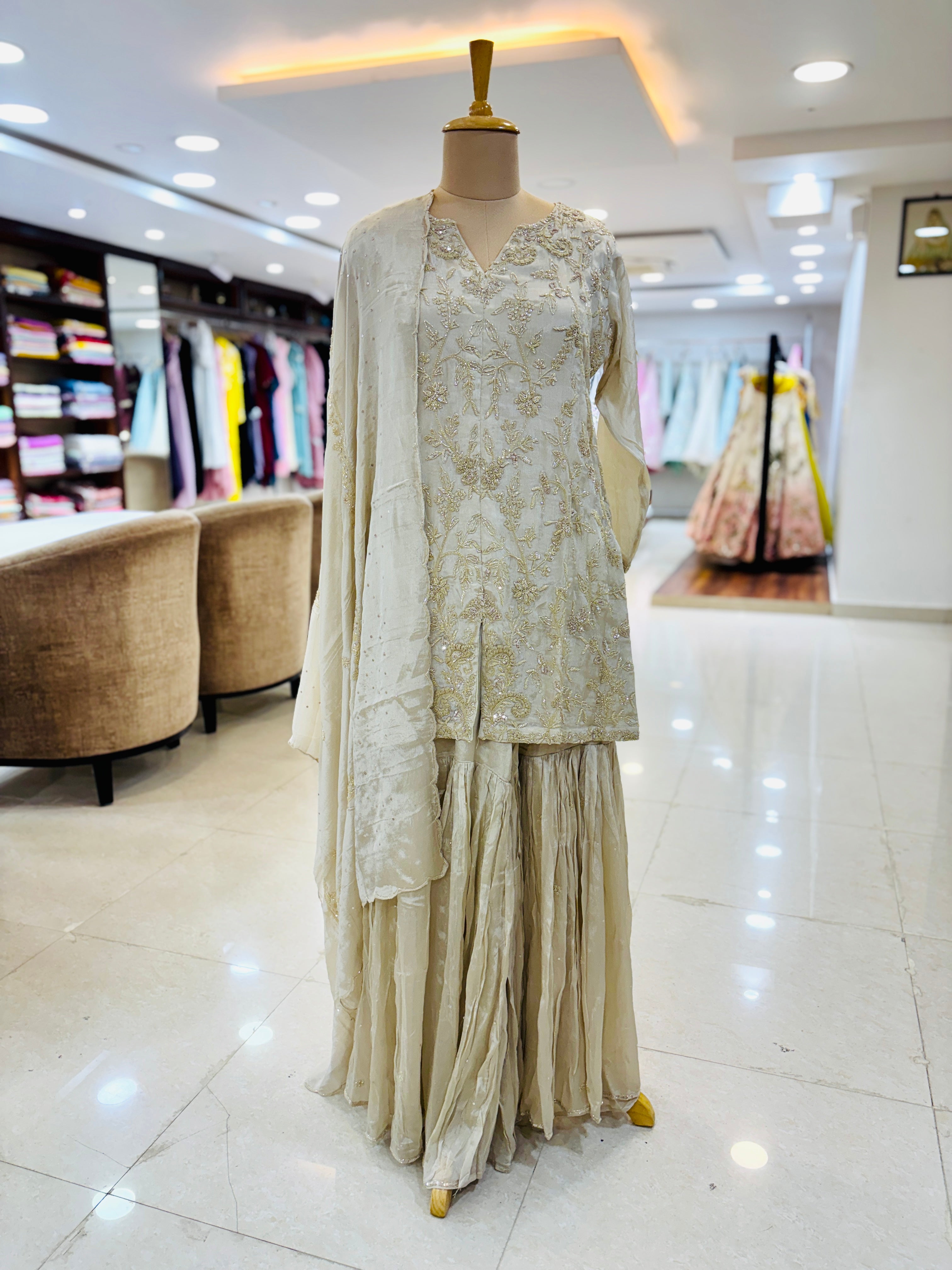 off white silk sharara suit