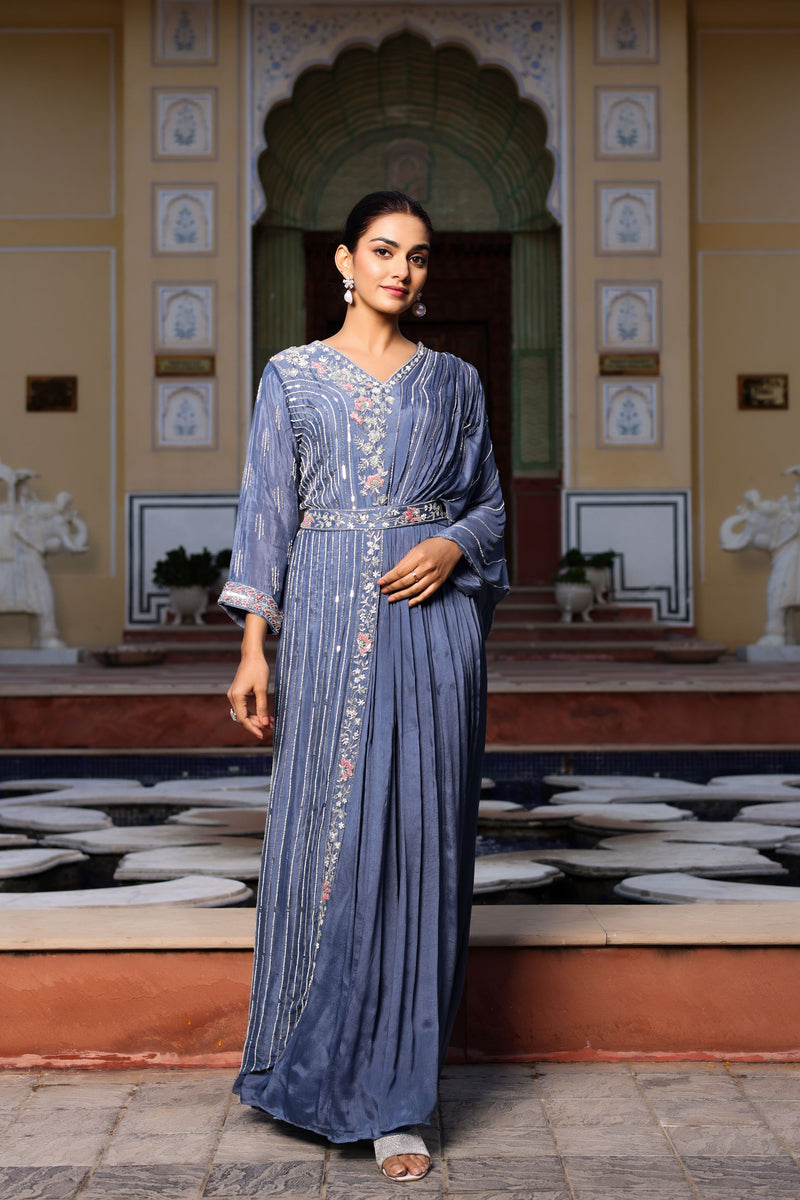 Stone Blue Embellished Premium Chinon Silk Gown