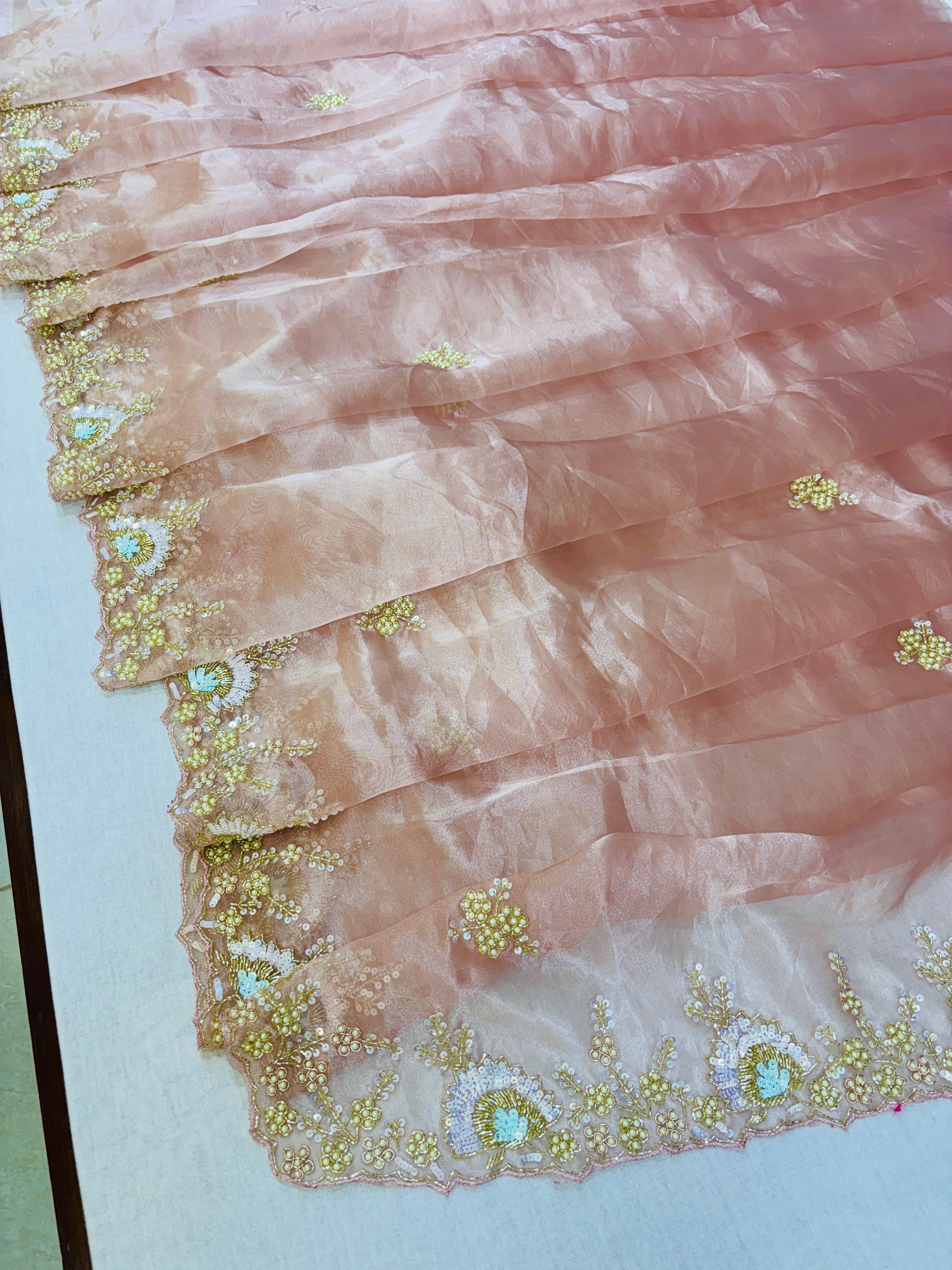 Light Peach Tissue Organza Designer Saree