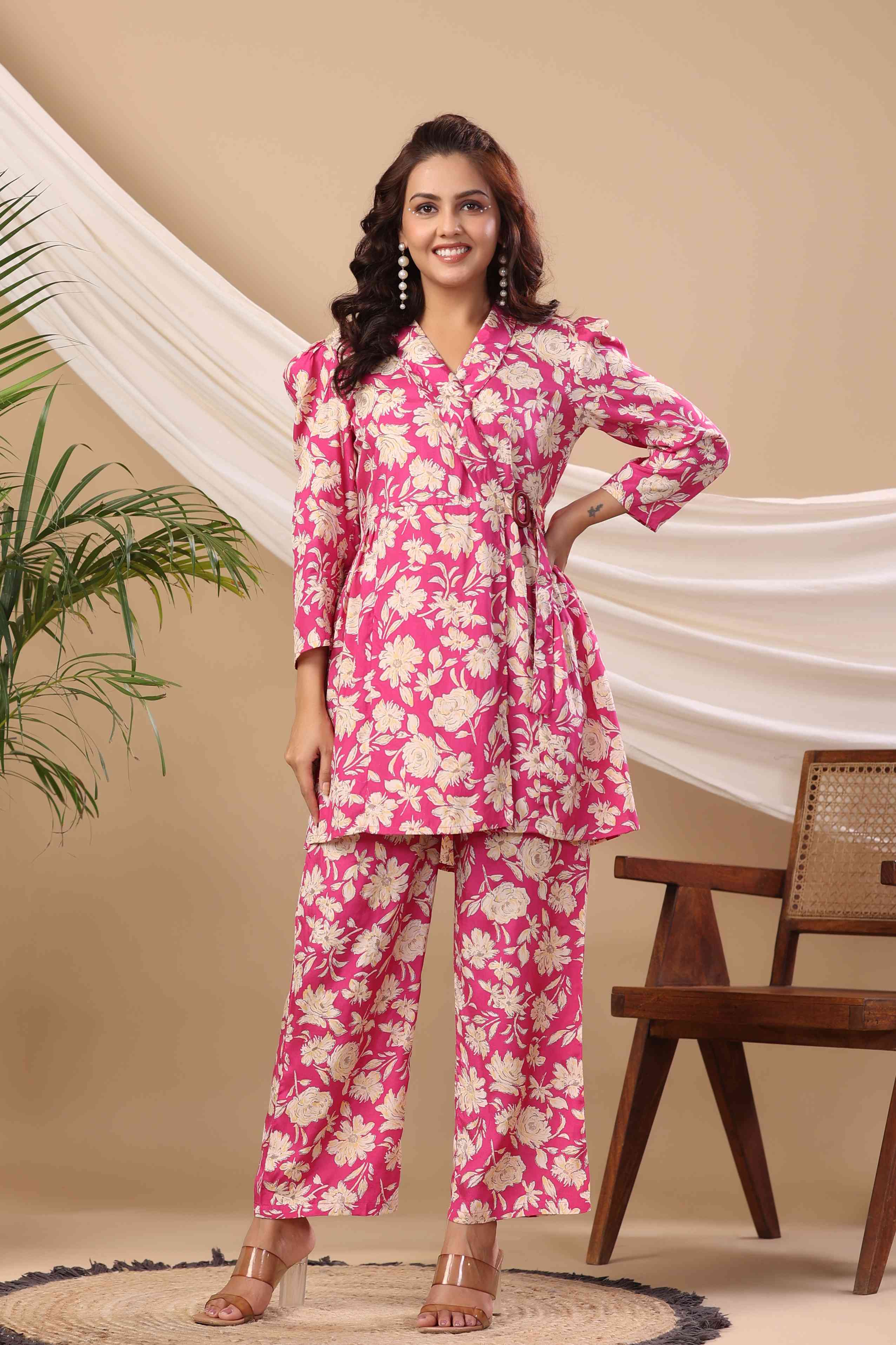 Pink Floral Print Muslin Jacket Style Co-Ord Set