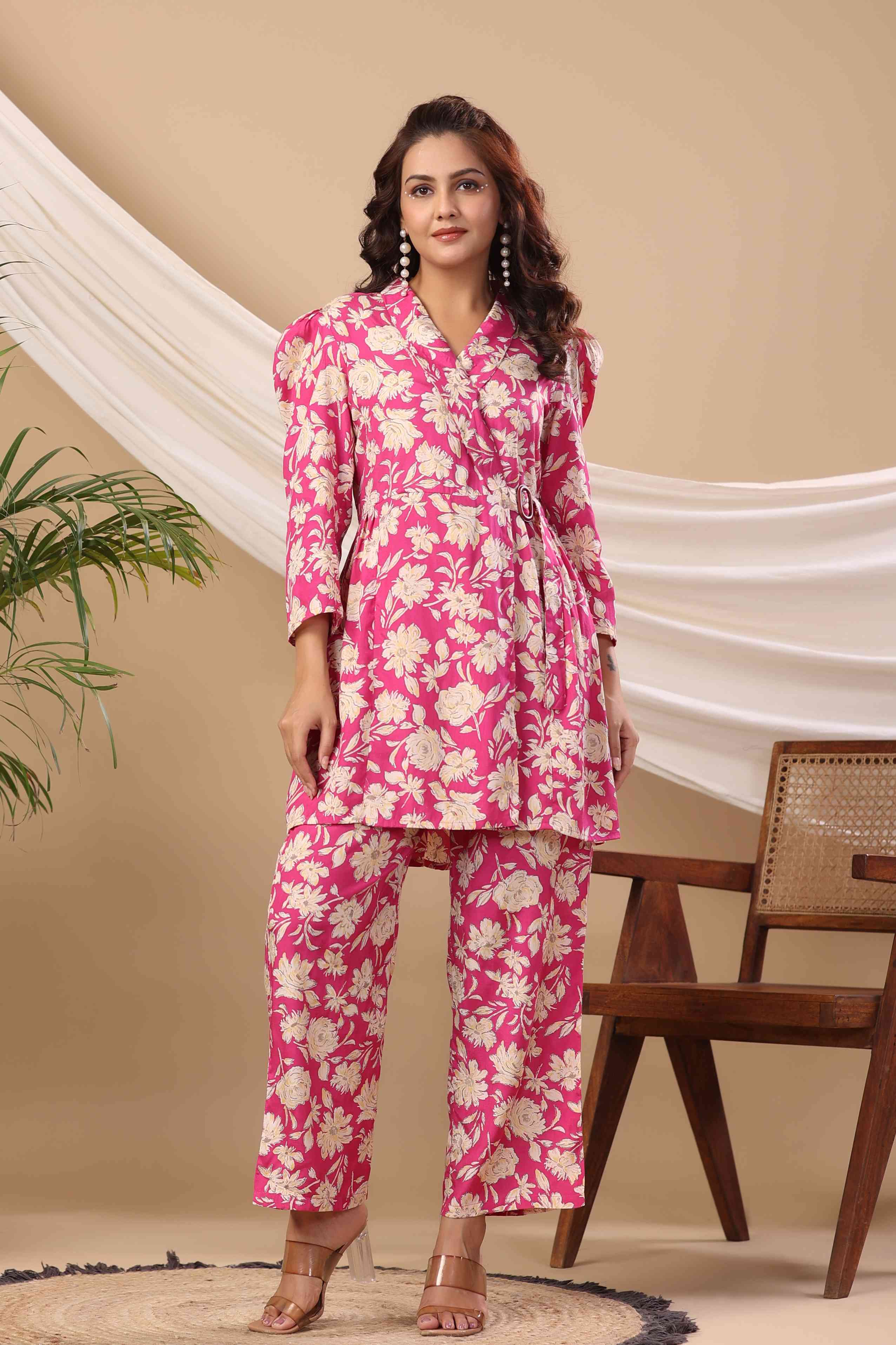 Pink Floral Print Muslin Jacket Style Co-Ord Set