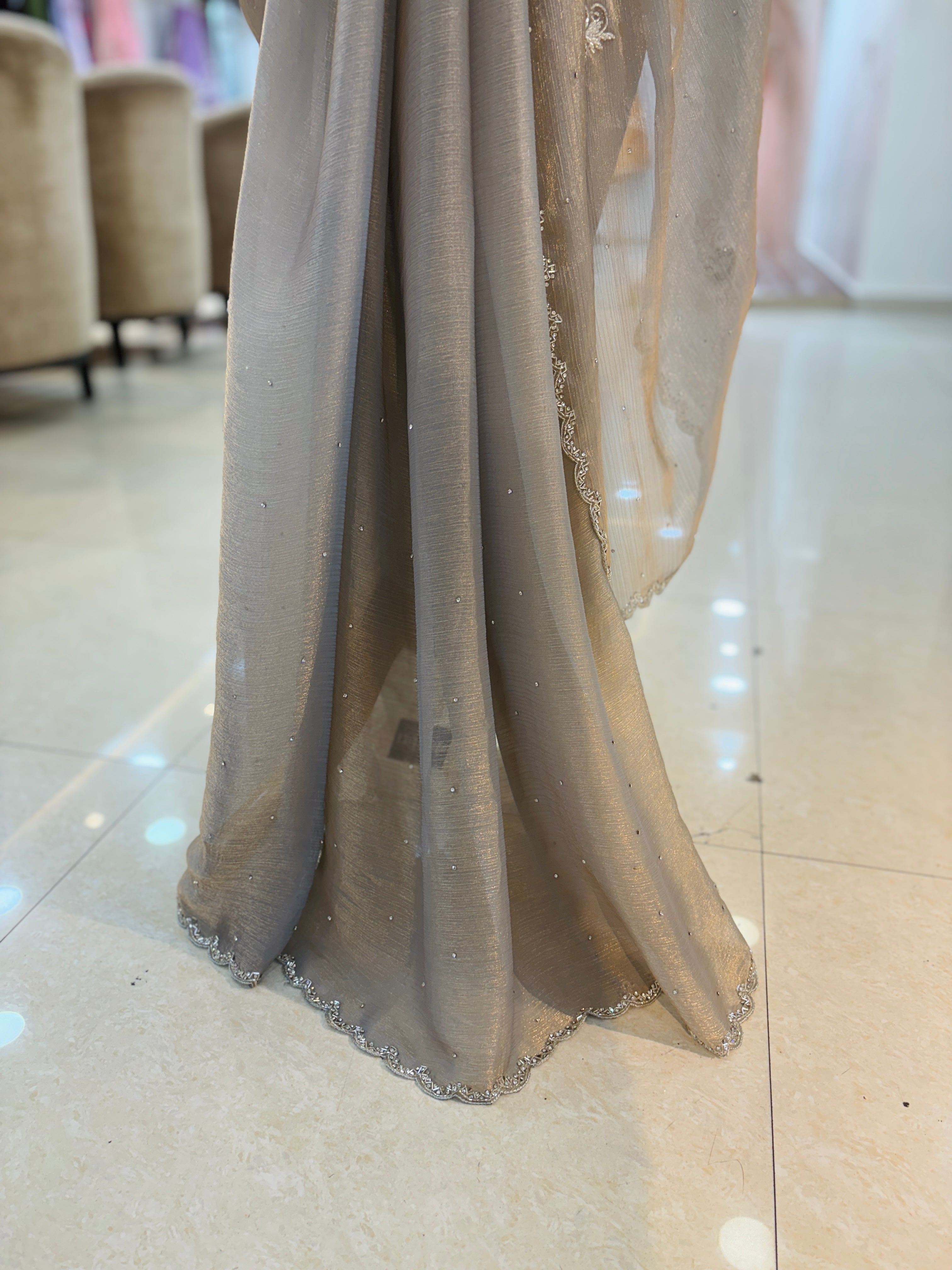 Light Grey Tissue Chiffon Saree With Readymade Blouse