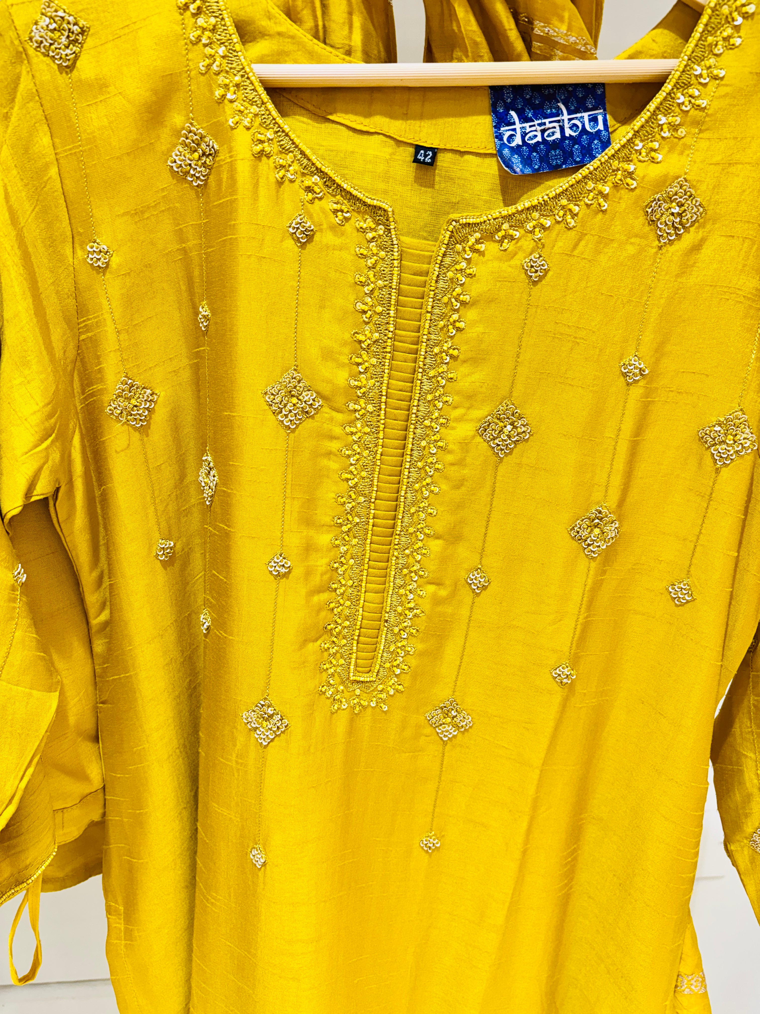 Yellow Hand Work Raw Silk Work Salwar Suit