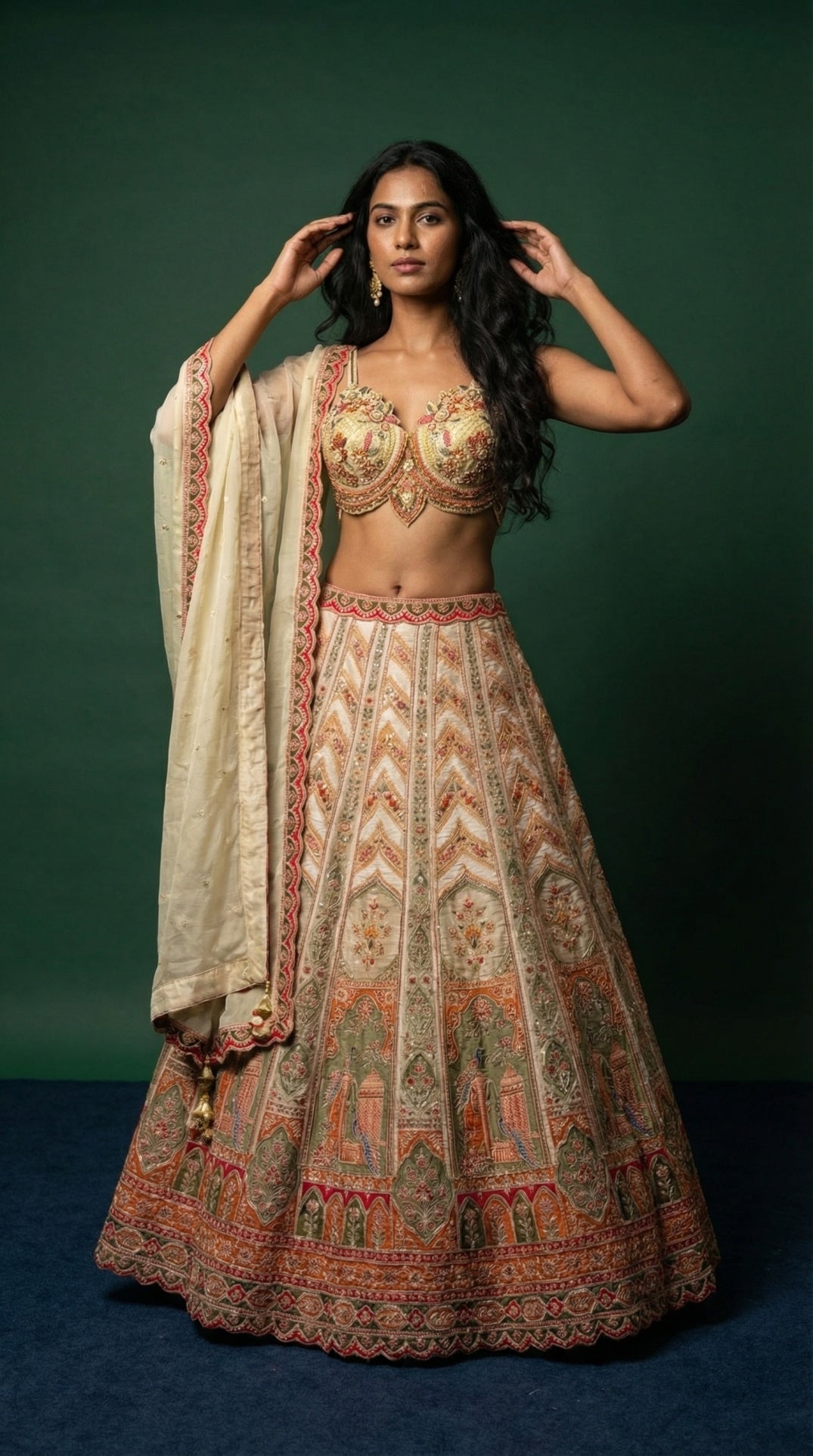 Off White Silk Embroidered Festive Wear Lehenga