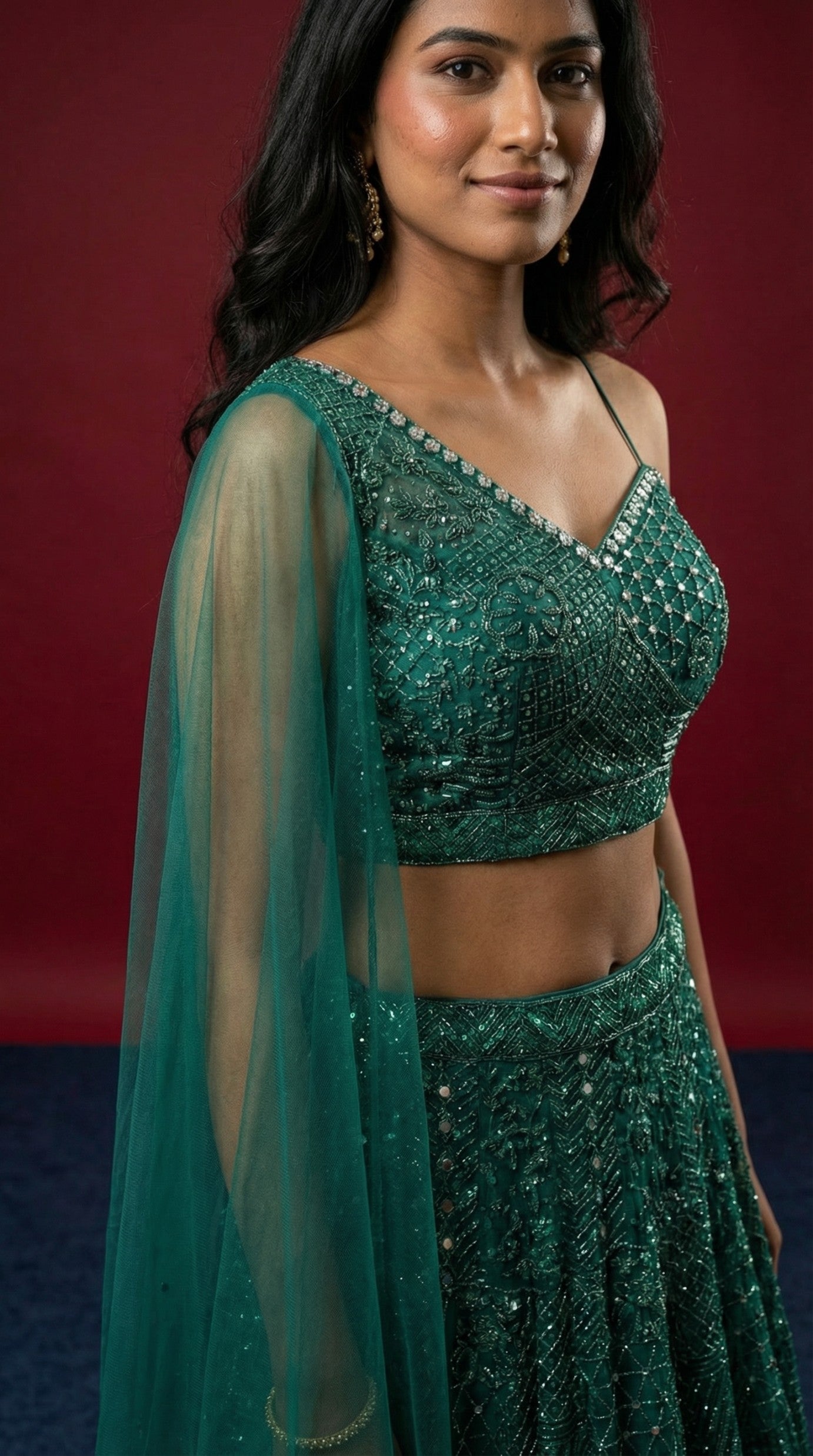 Dark Green Net Embroidered Festive Wear Lehenga