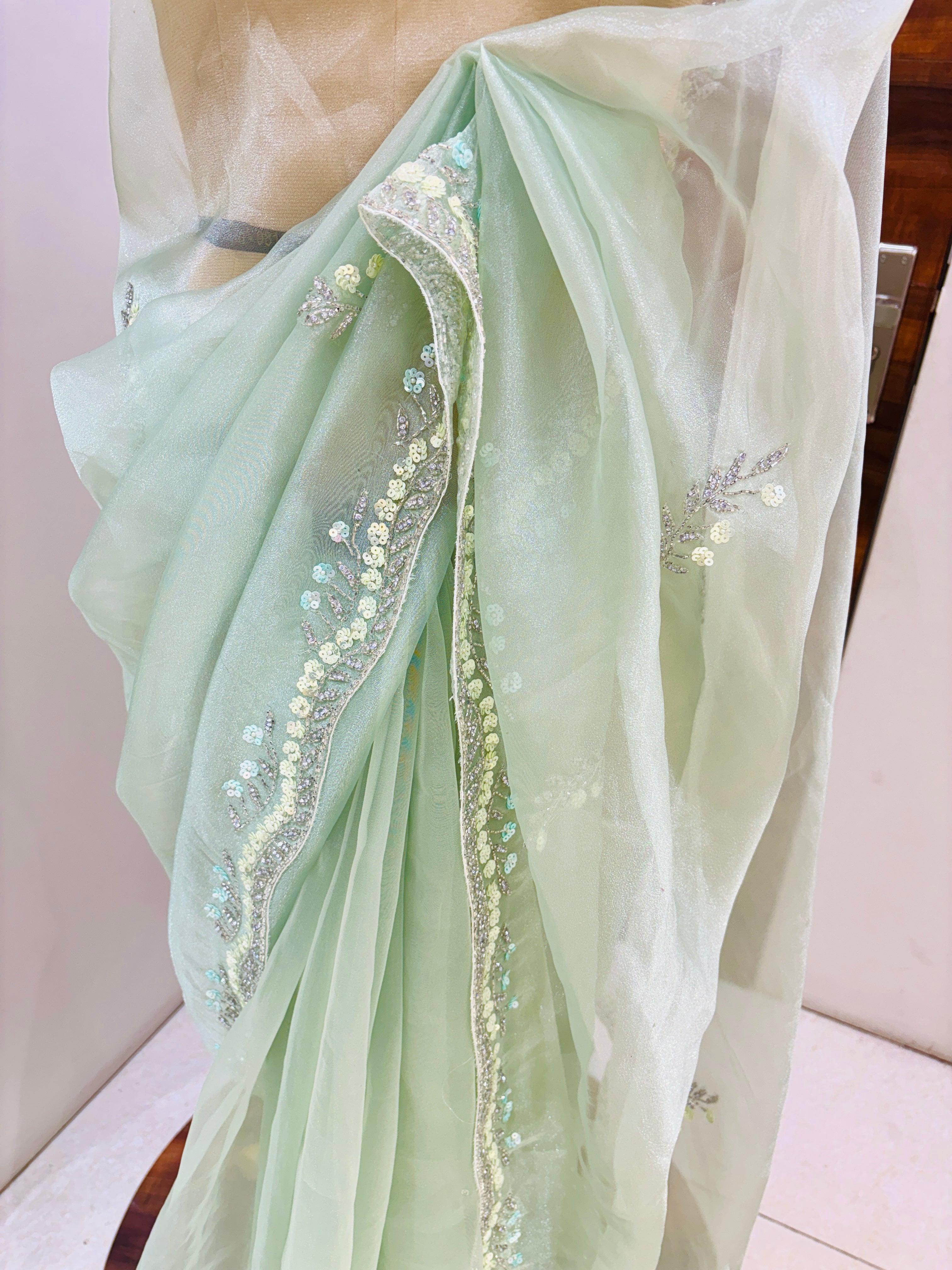 Light Green Designer Tissue Saree