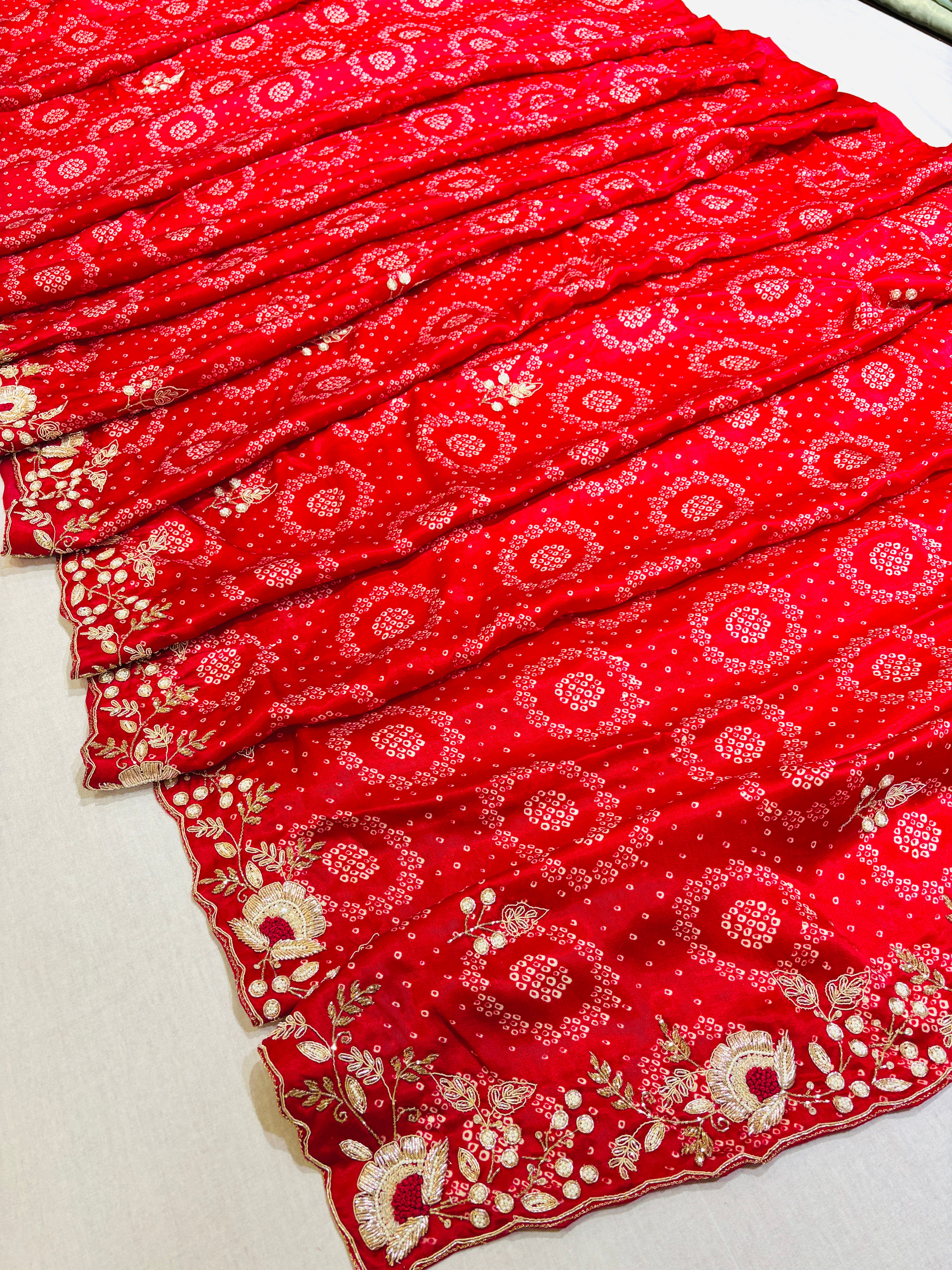 Red Bandhani Silk Hand Work Saree