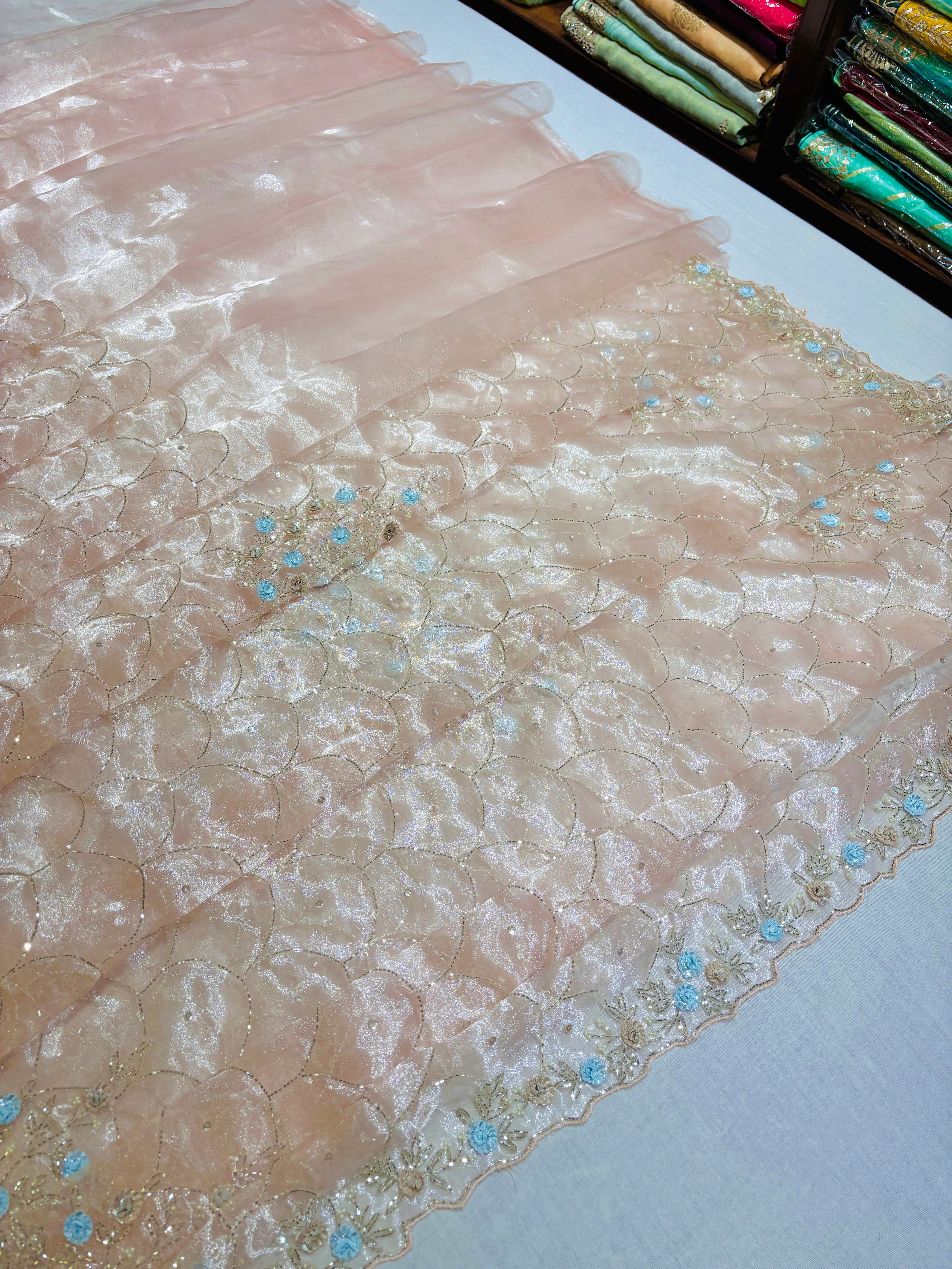 Pastel Pink Tissue Designer Hand Work Saree