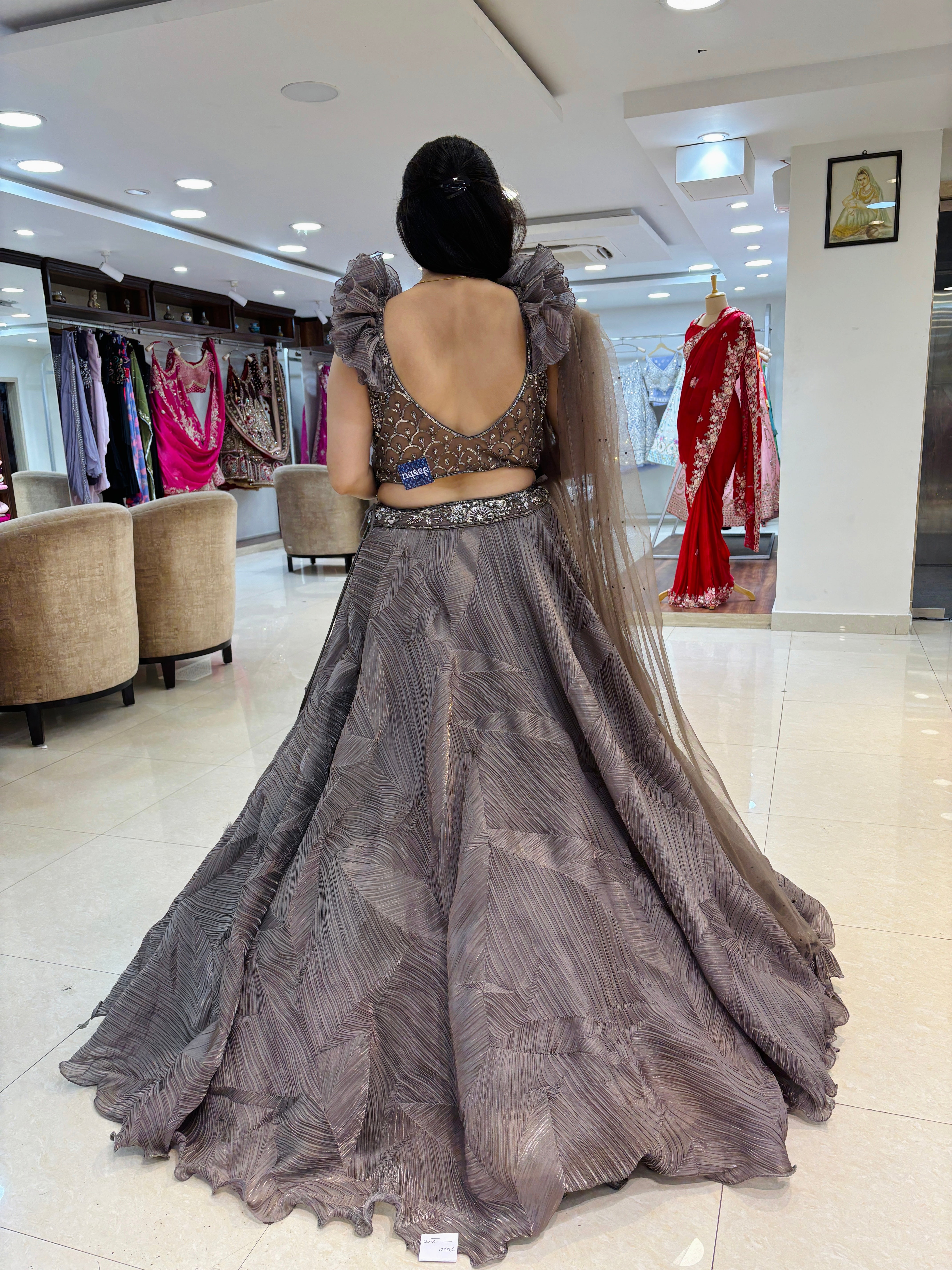 Embellished blouse with Brown Glass Tissue Lehenga set