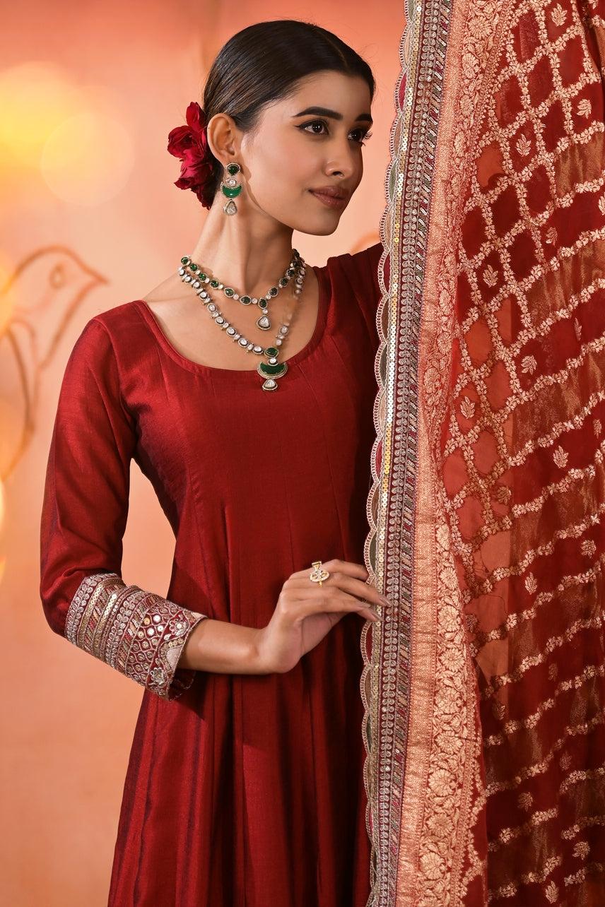 Red Art-Silk Anarkali With Heavy Banarasi Dupatta