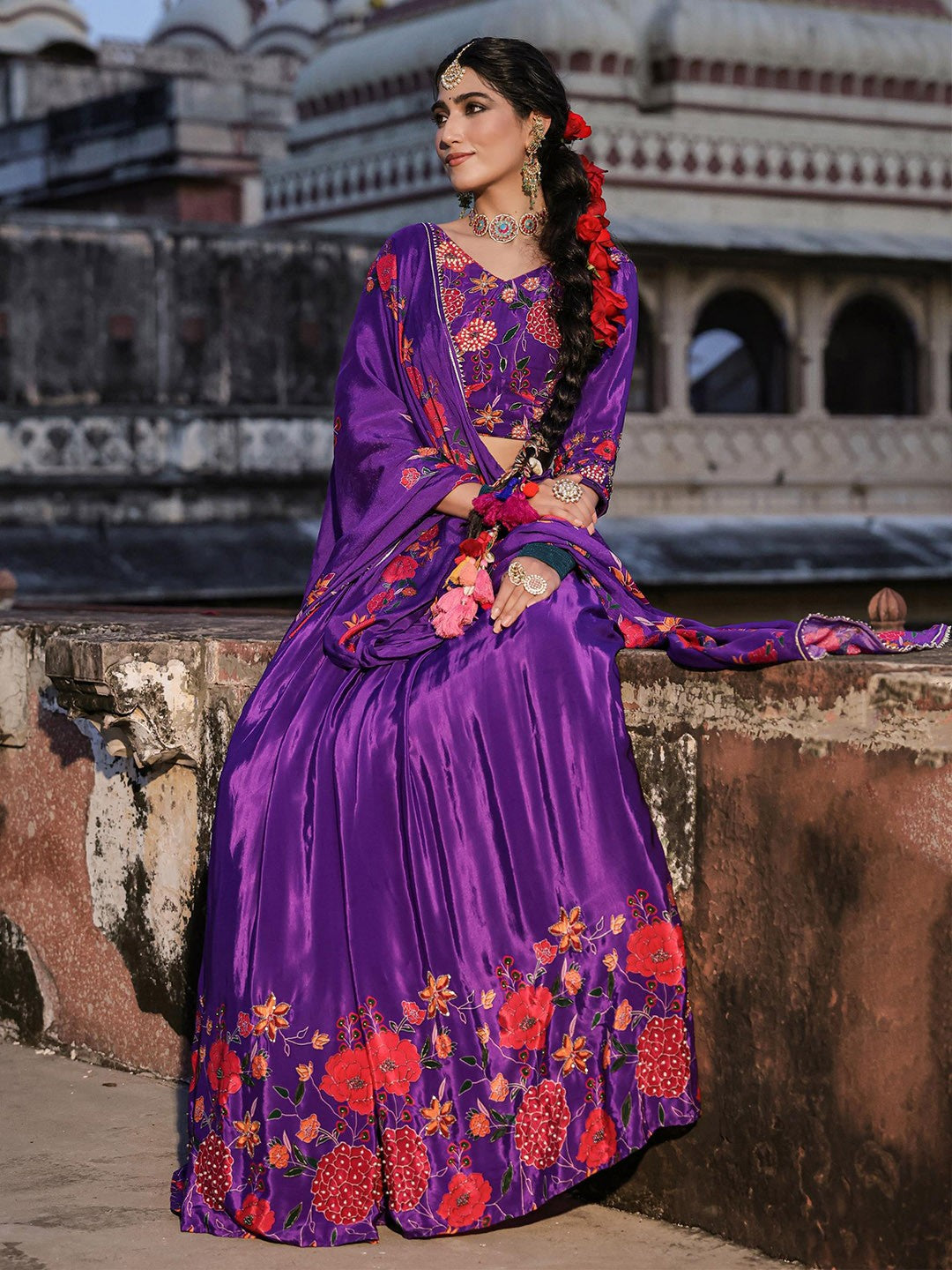 Purple Printed Beads and Stones Ready to Wear Lehenga & Blouse With Dupatta