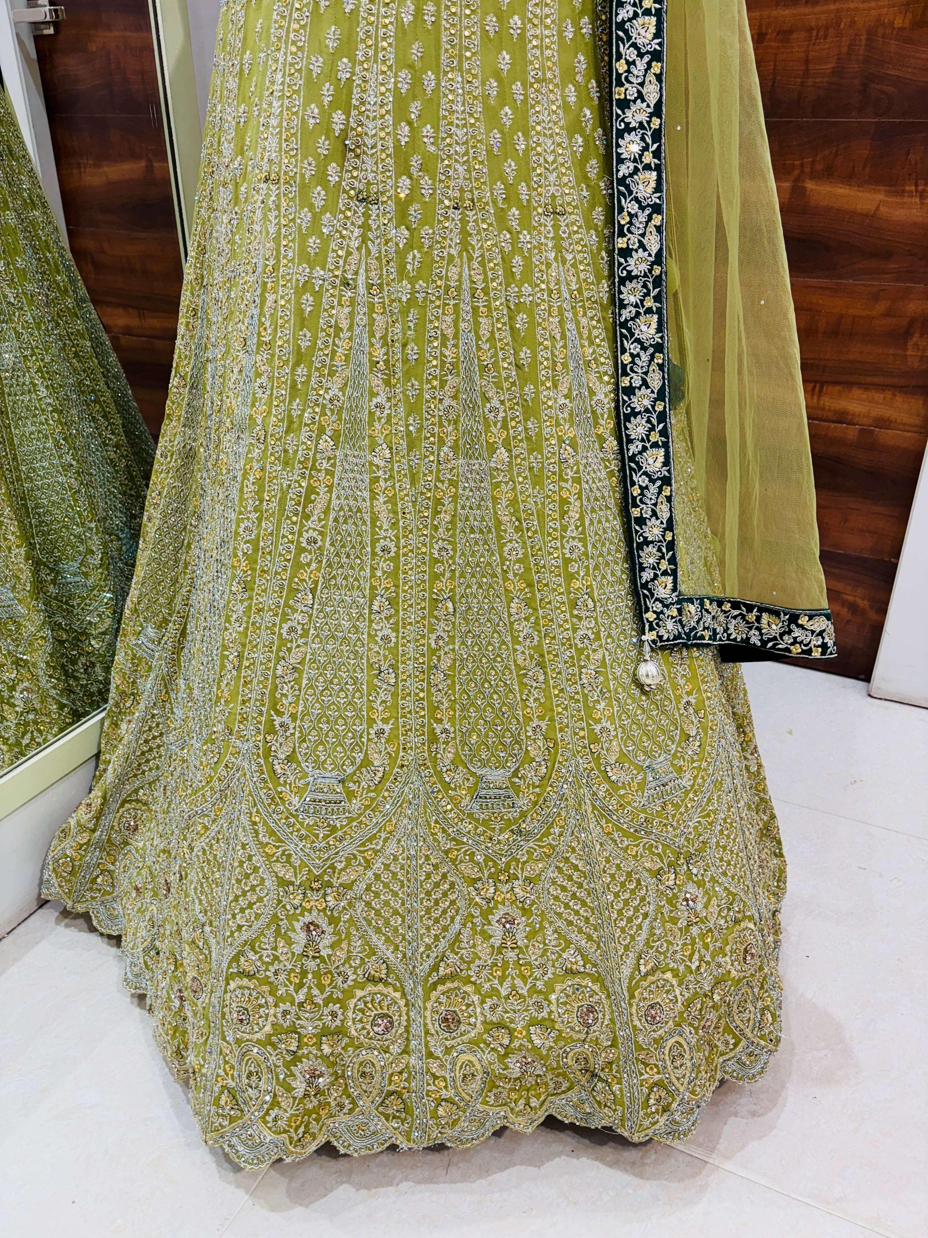 Green Net Embroidered Lehenga