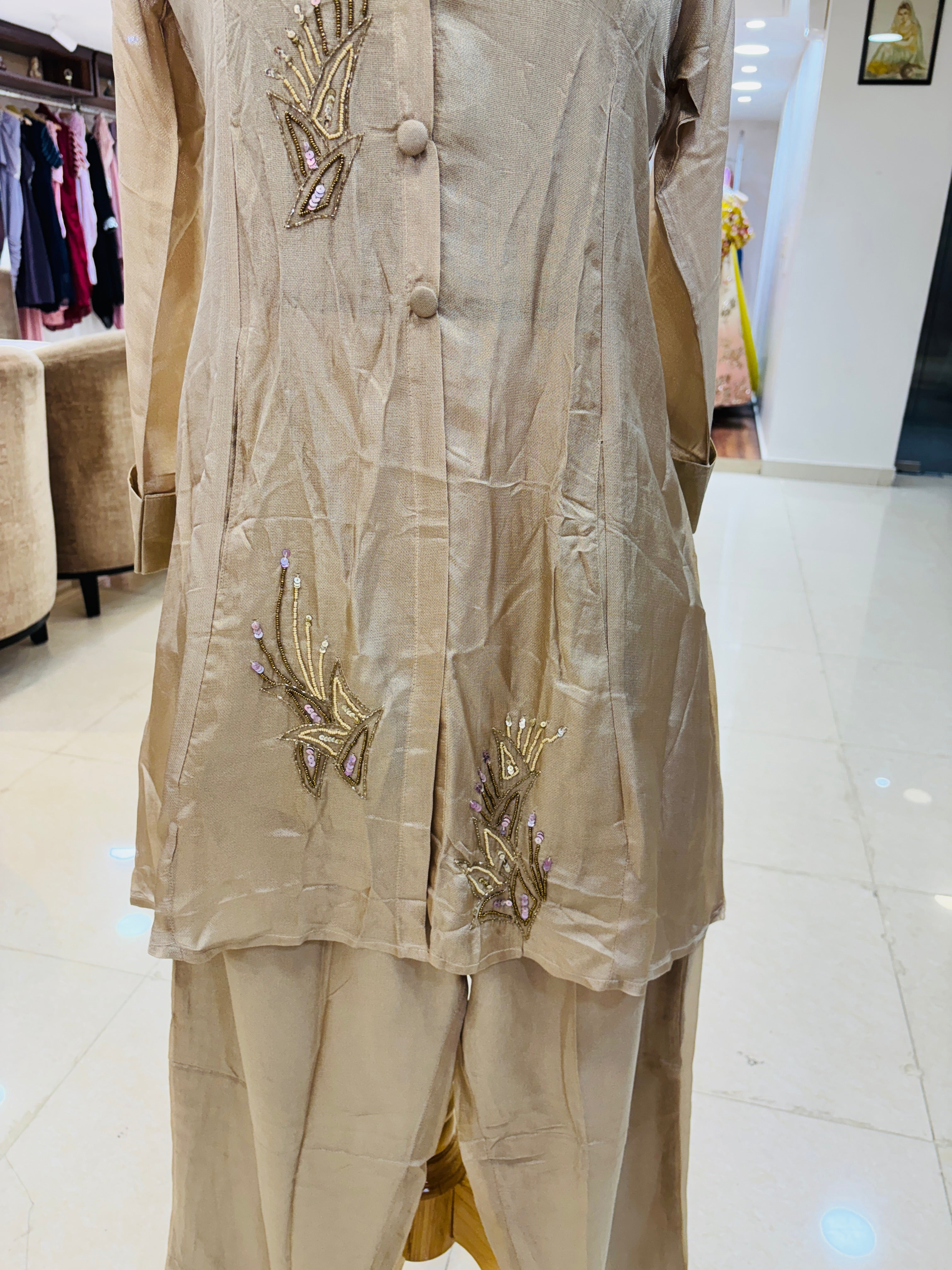 Beige Chiffon Silk Jacket Style Co-Ord Set