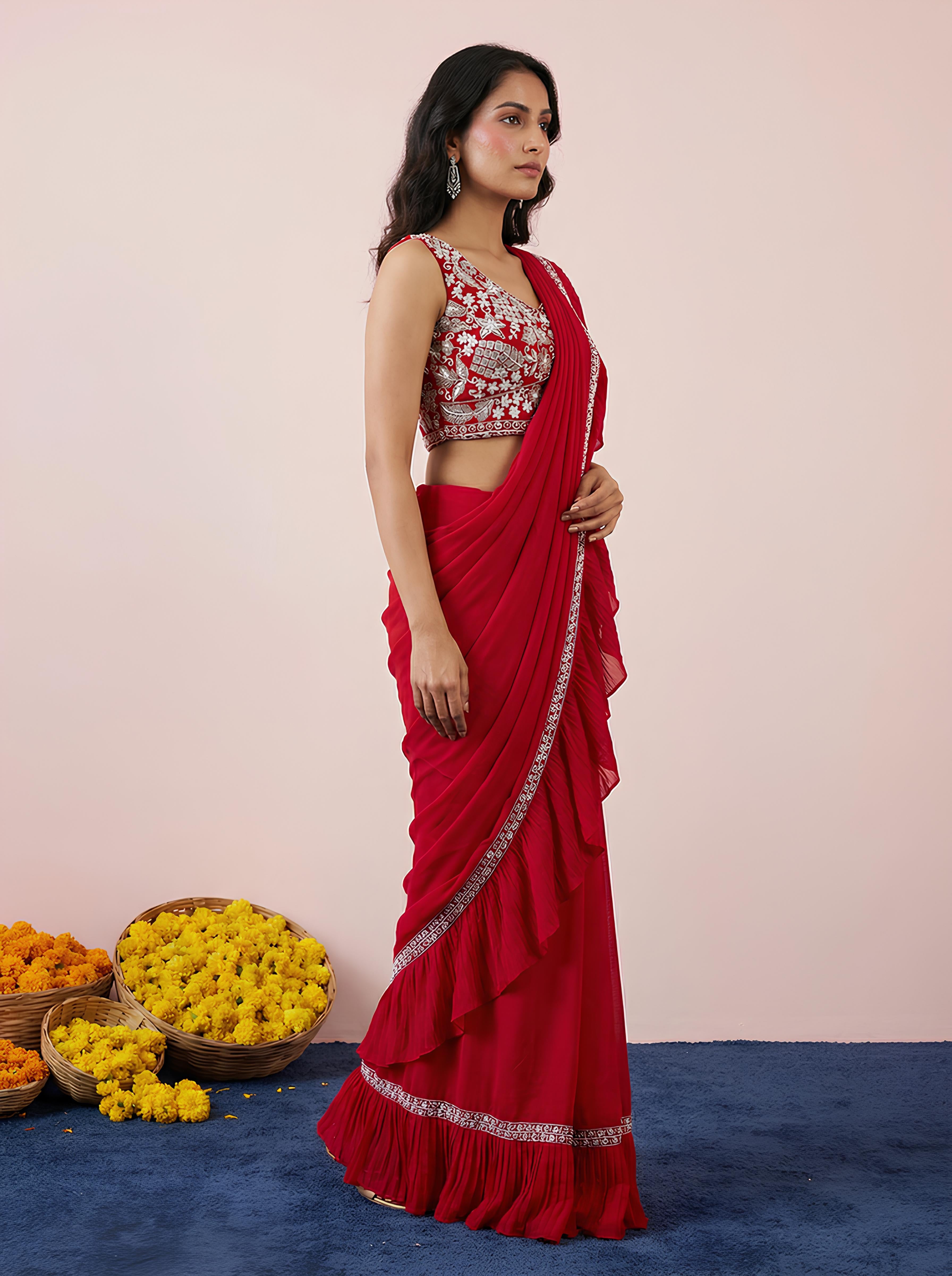 Red Embroidered Georgette Frill Drape Saree