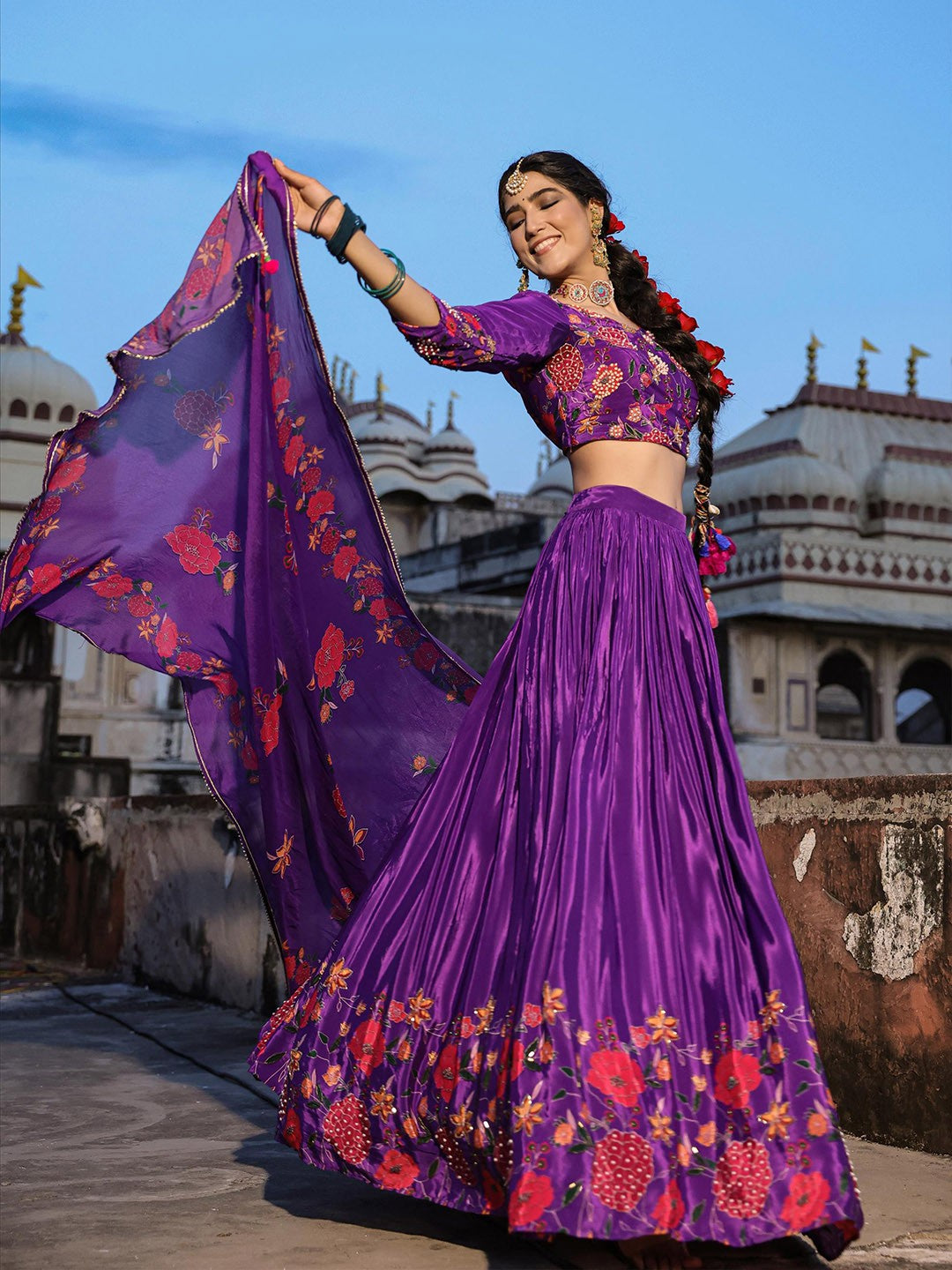 Purple Printed Beads and Stones Ready to Wear Lehenga & Blouse With Dupatta