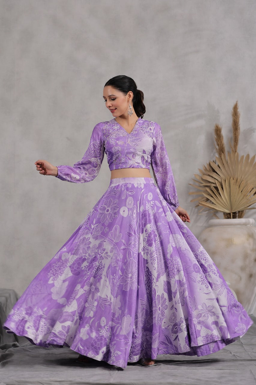 Light Purple Printed Chiffon Readymade Lehenga