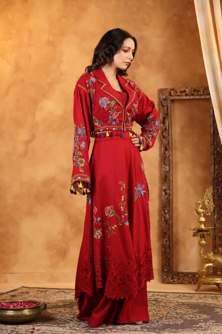 Dark Red Silk Indowestern Crop Top With Jacket