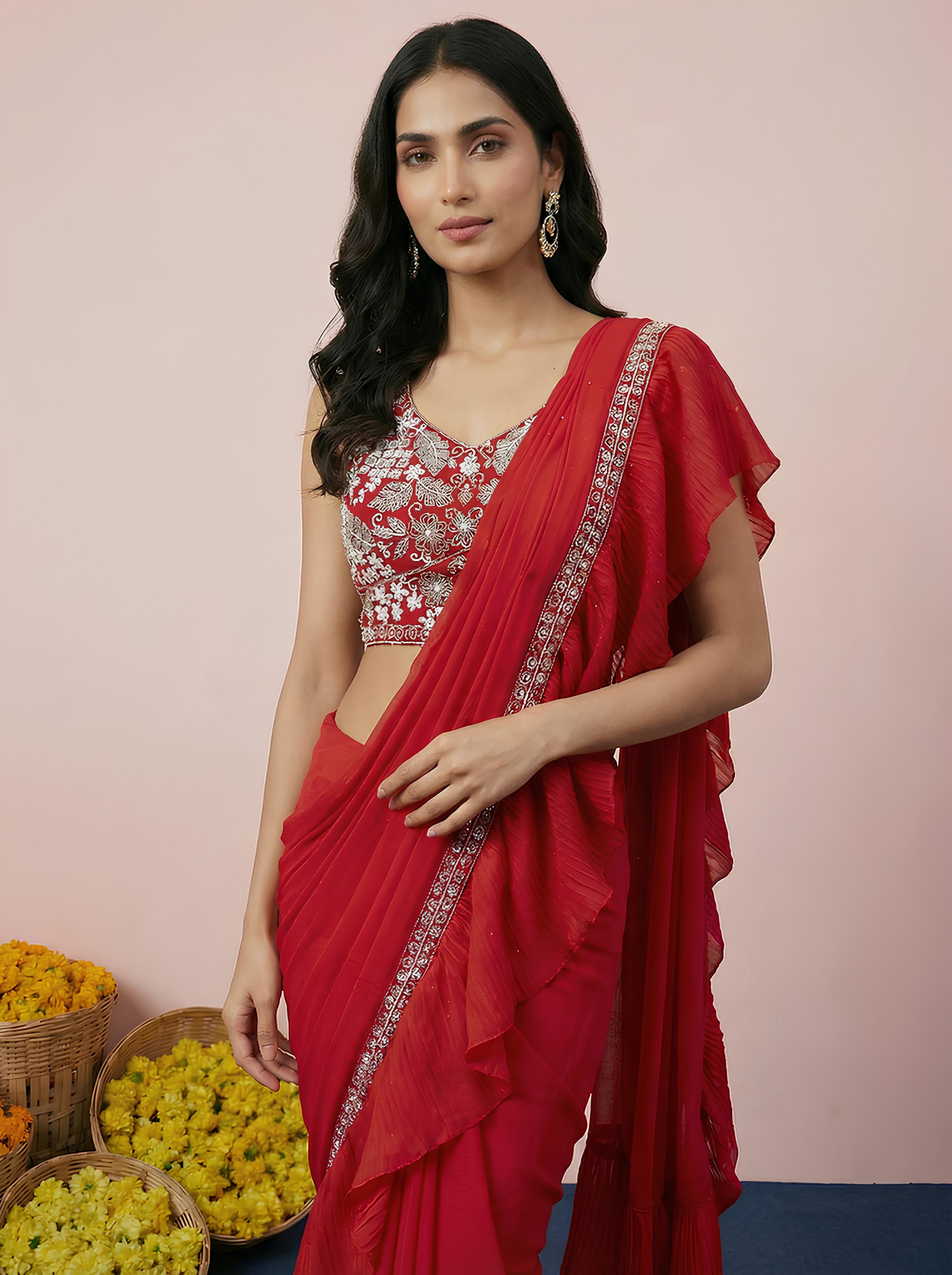 Red Embroidered Georgette Frill Drape Saree