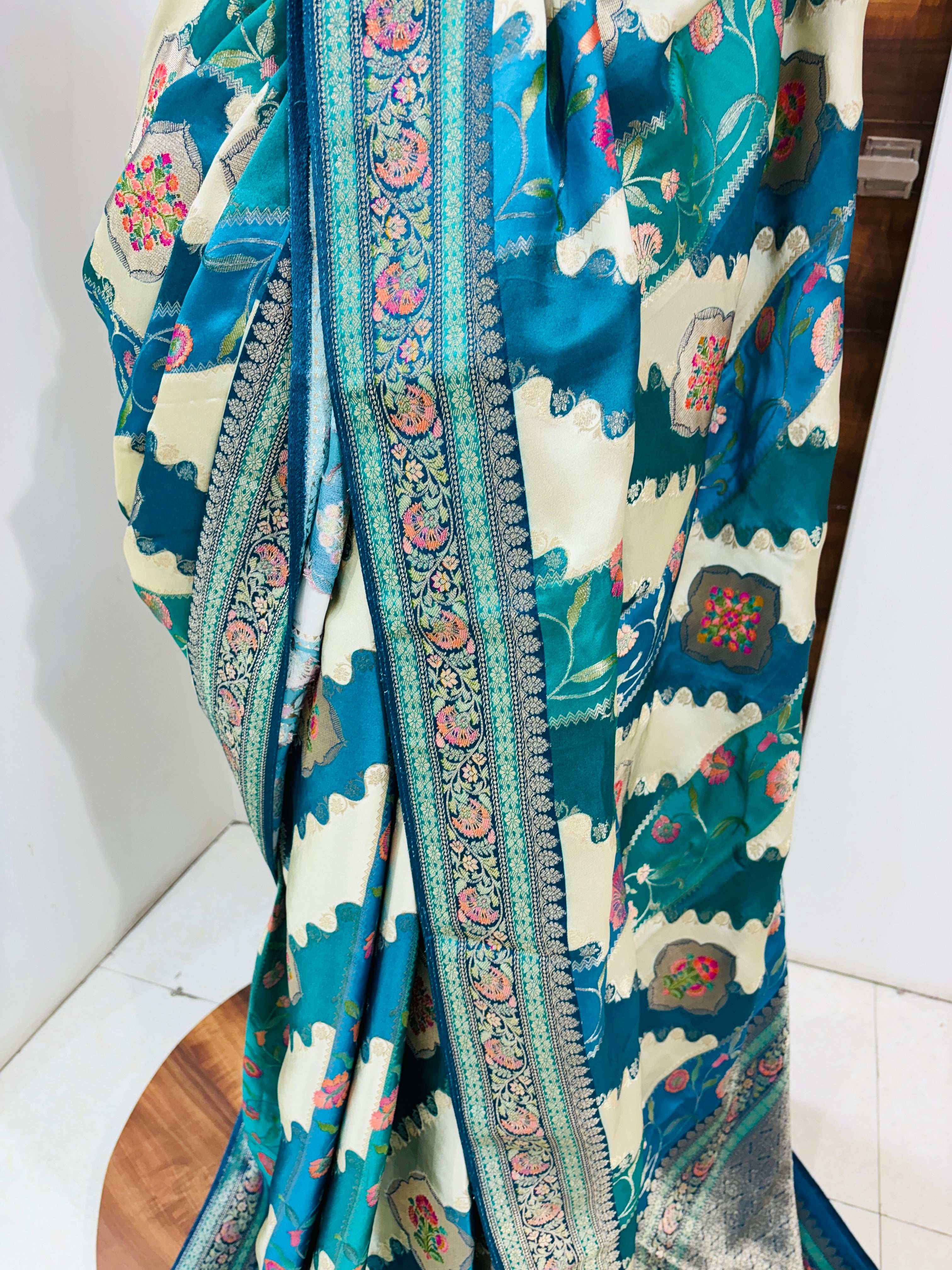 Blue & White Banarasi Silk Saree