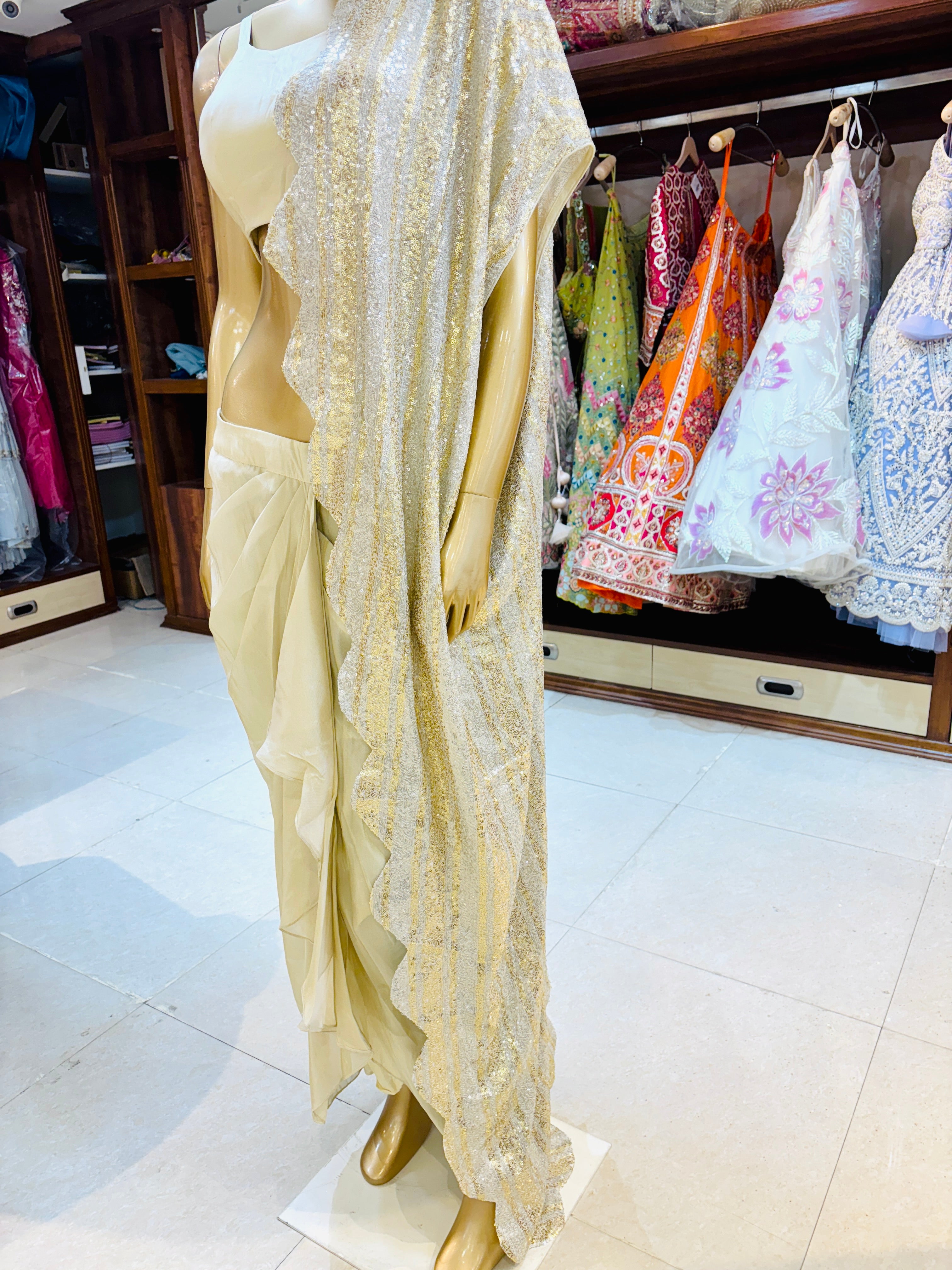 Off white chinnon silk indowestern with dhoti pattern