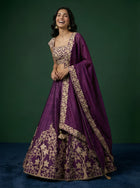 Purple Raw Silk Leather Work Lehenga