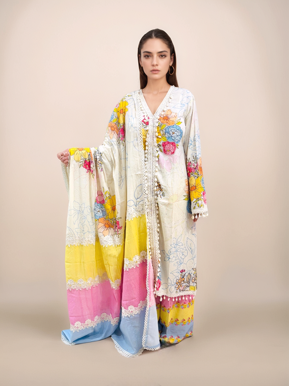 Off White Cotton Silk Floral Hand Work Suit Set