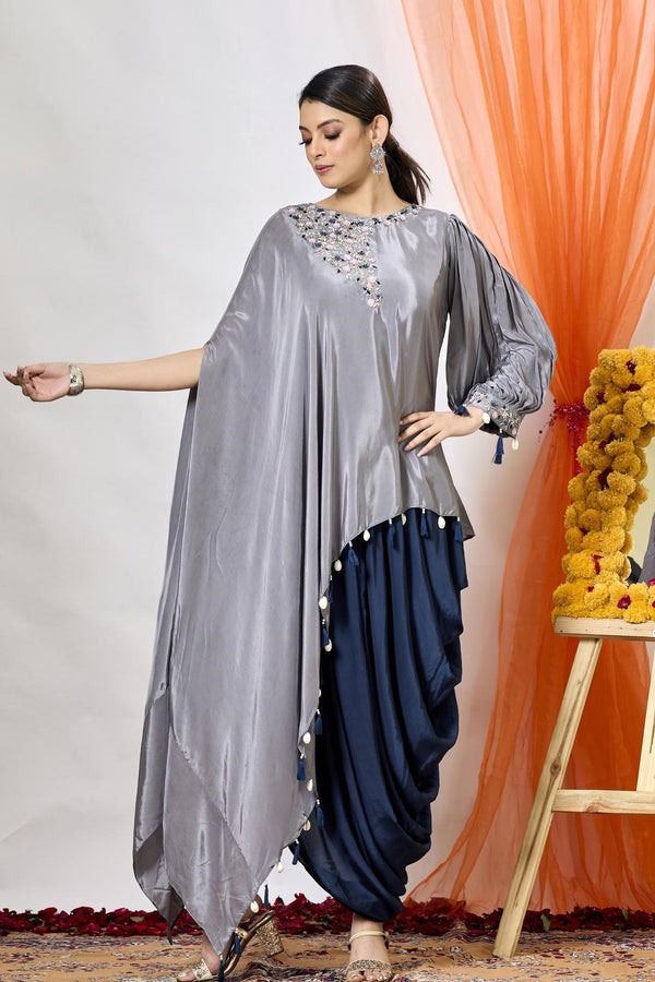 Spanish Grey Embellished Satin Silk Tunic & Dhoti Set