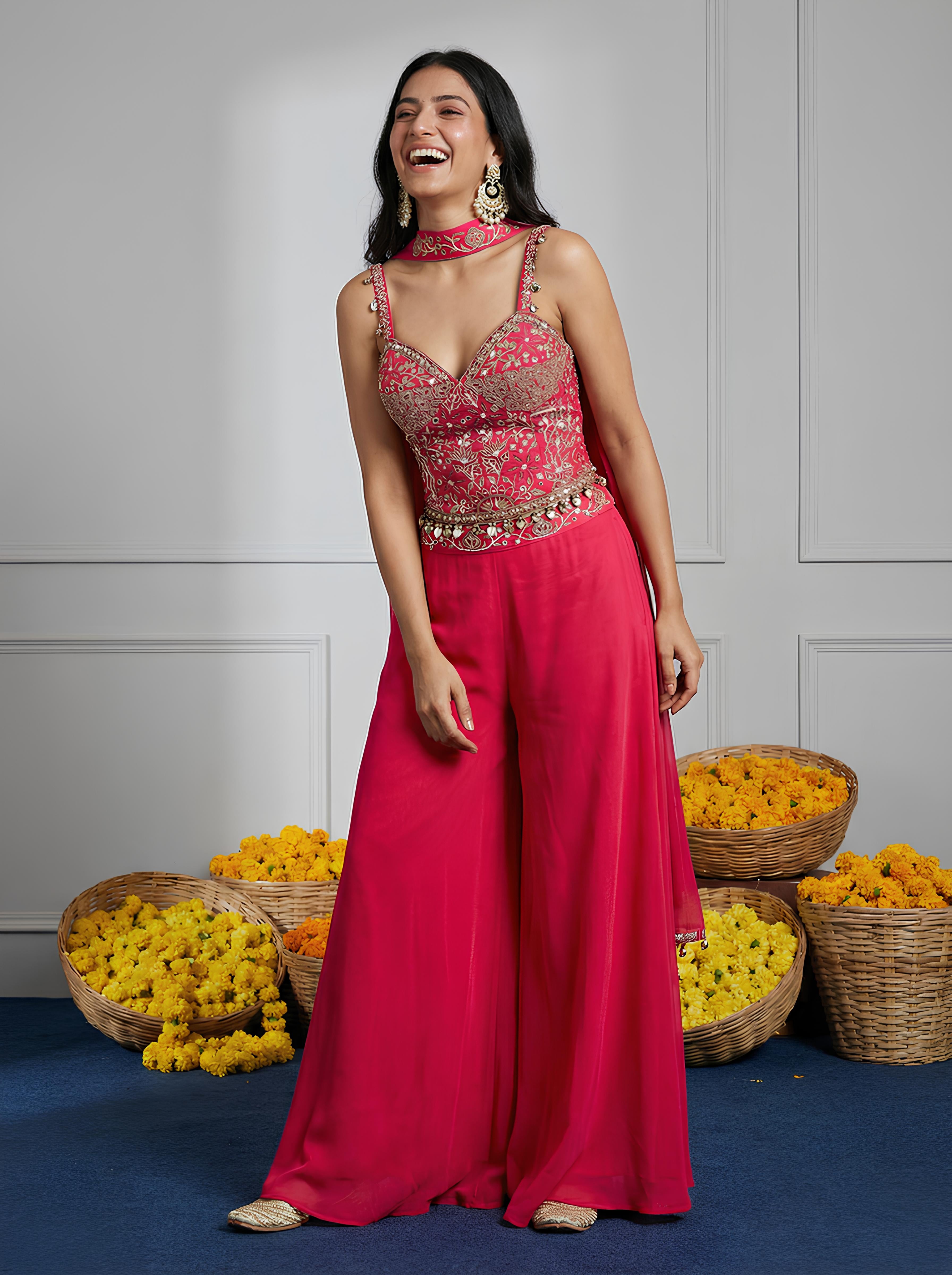 Dark Pink Corset Embroidered Top With Sharara Suit