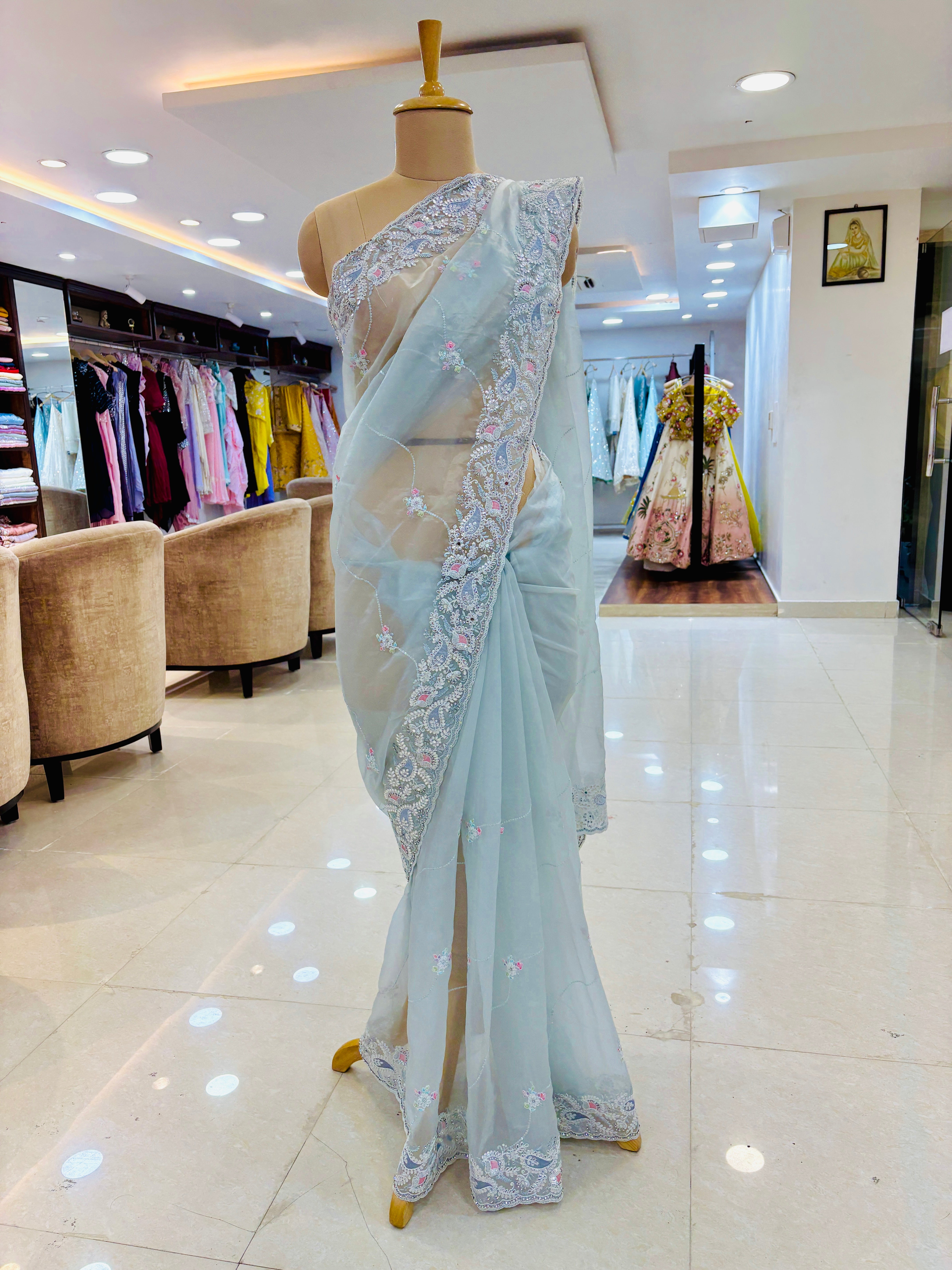 organza blue saree with thread work