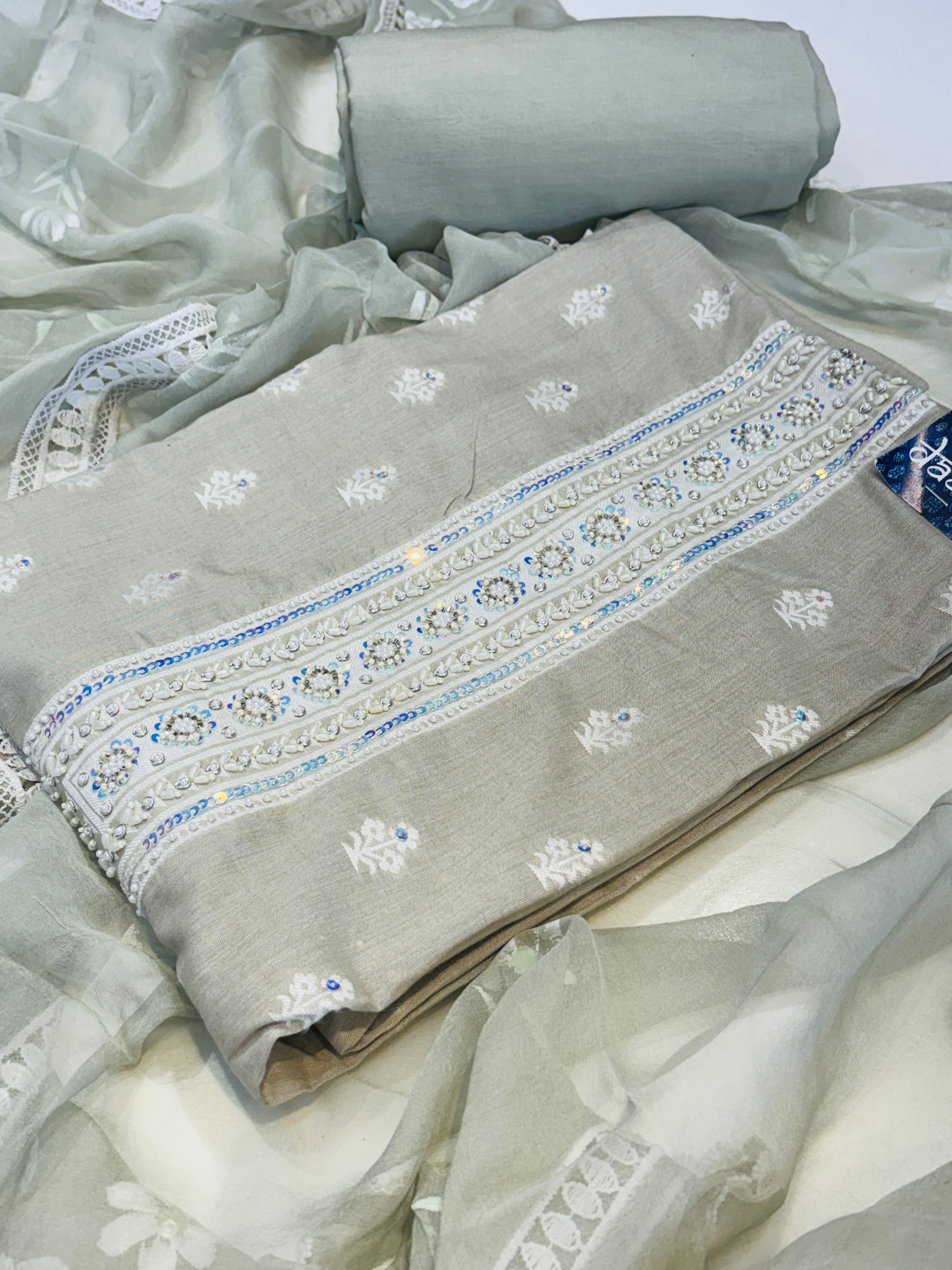 Light Grey Banarasi Silk Dress Material